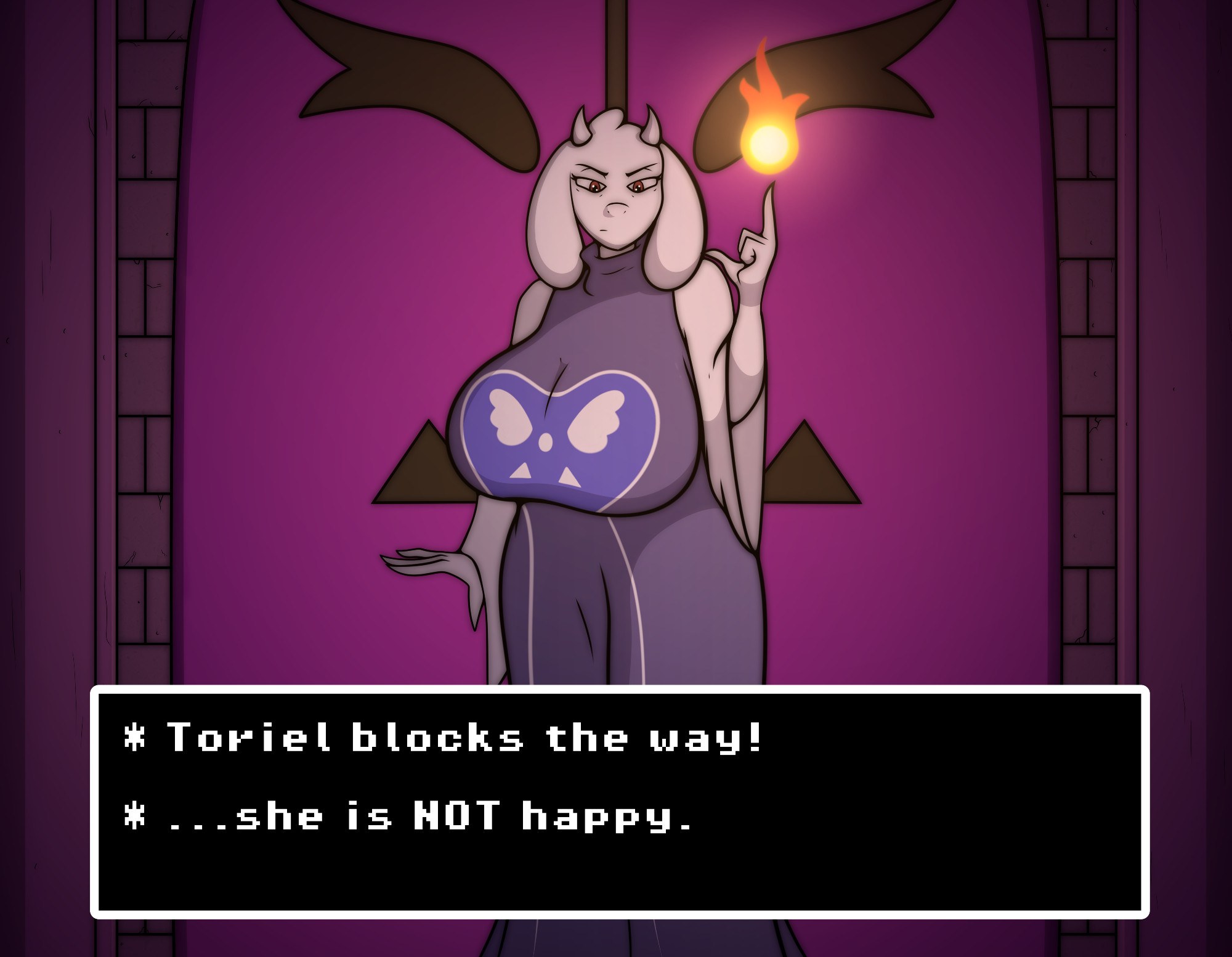 Toriel standing before the door out of the Ruins, conjuring a fireball above her finger.

A text box reads: "Toriel blocks th eway! ...she is NOT happy."