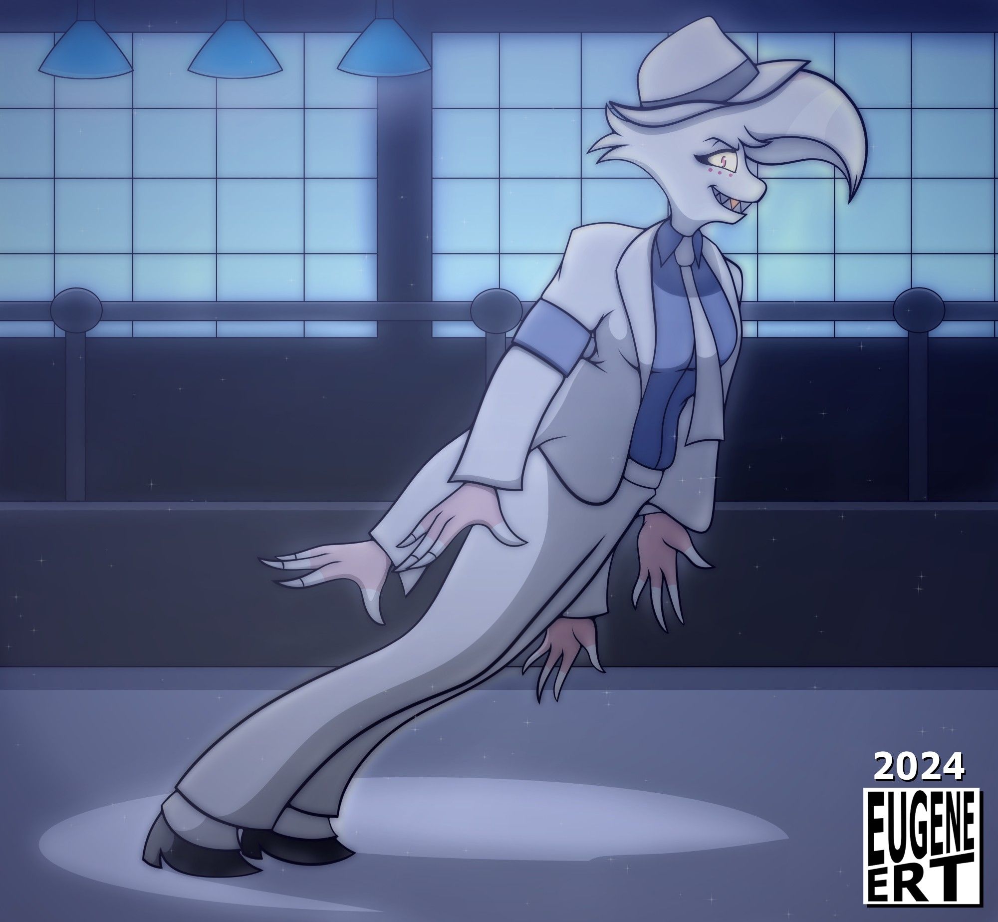 Angel Dust from Hazbin Hotel dressed up as Michael Jackson in the Smooth Criminal music video, doing the gravity lean.