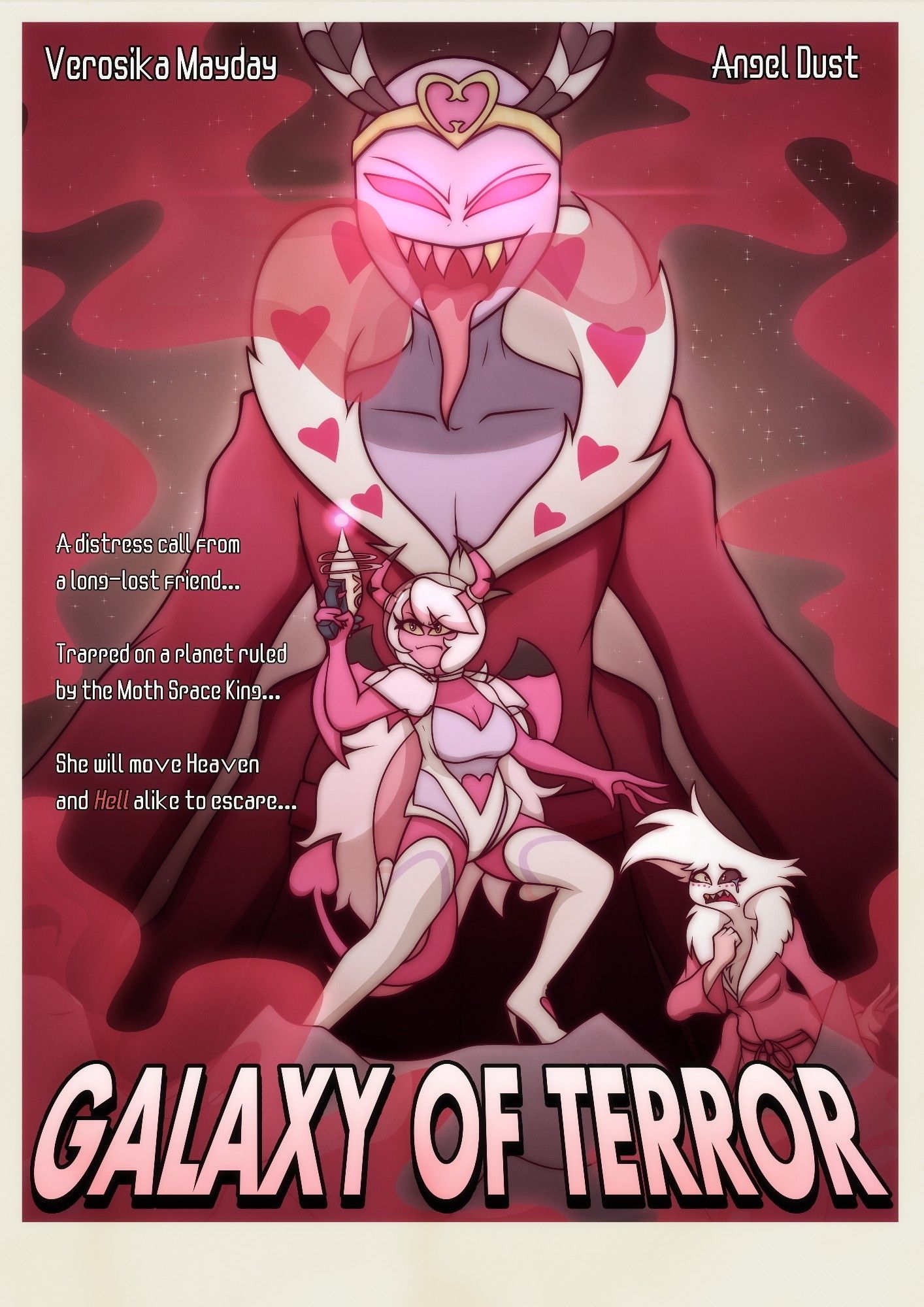 A sci-fi movie poster for a movie called "Galaxy of Terror", starring Verosika Mayday in her space getup from the Halloween merch drop and Angel Dust in a pink robe.

Valentino is overlooking them with an evil look as smoke pours from his mouth.