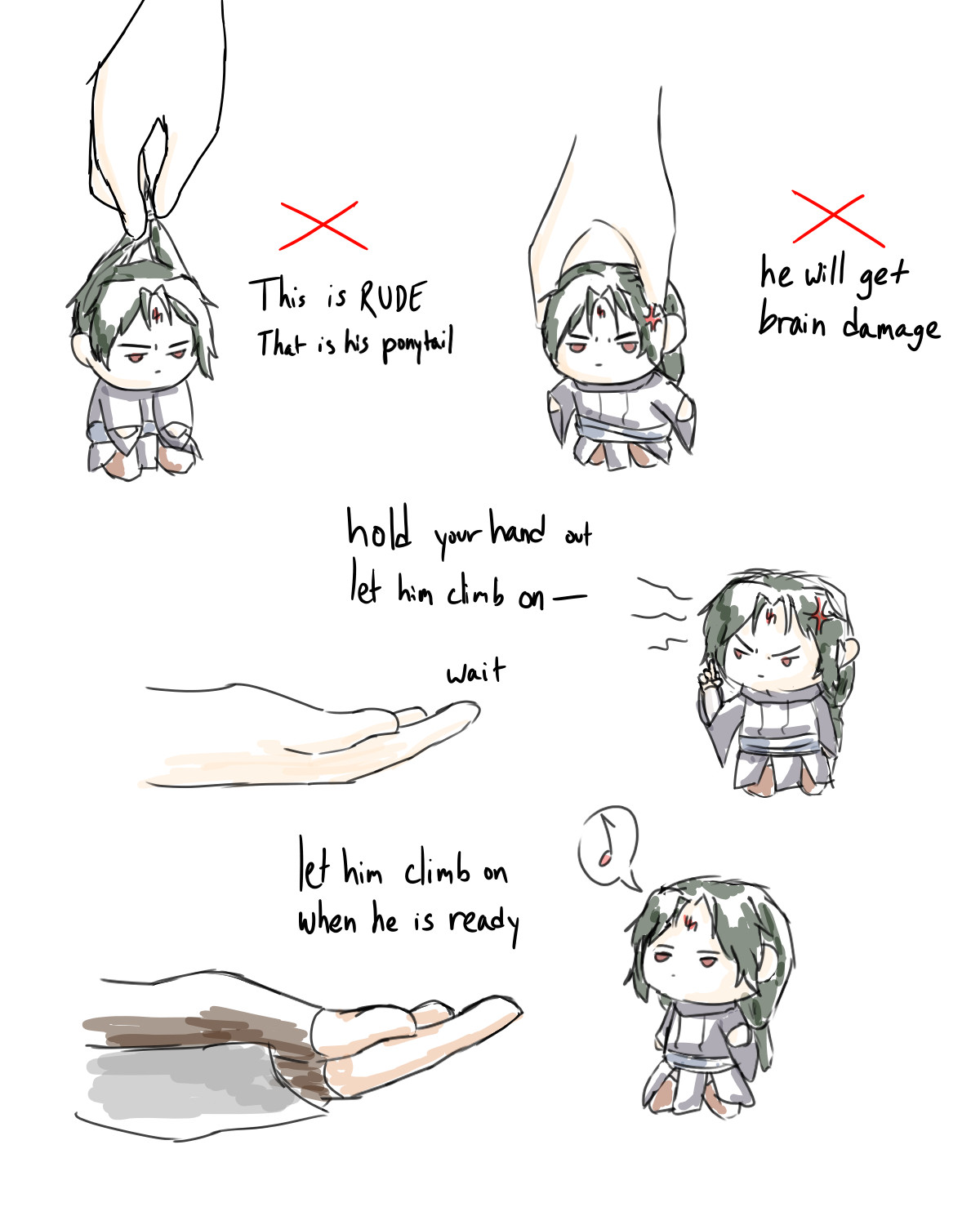 “how to pick up x” meme but with a very tiny soren who only lets ike hold him