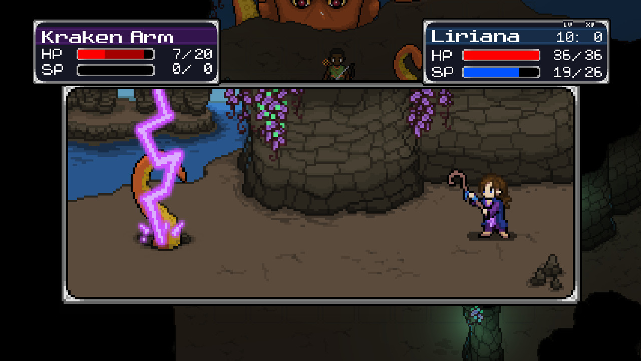 Velana Adventures screenshot of a combat interaction where the elf mage Liriana is casting a lightning spell on the tentacle arm of a Kraken