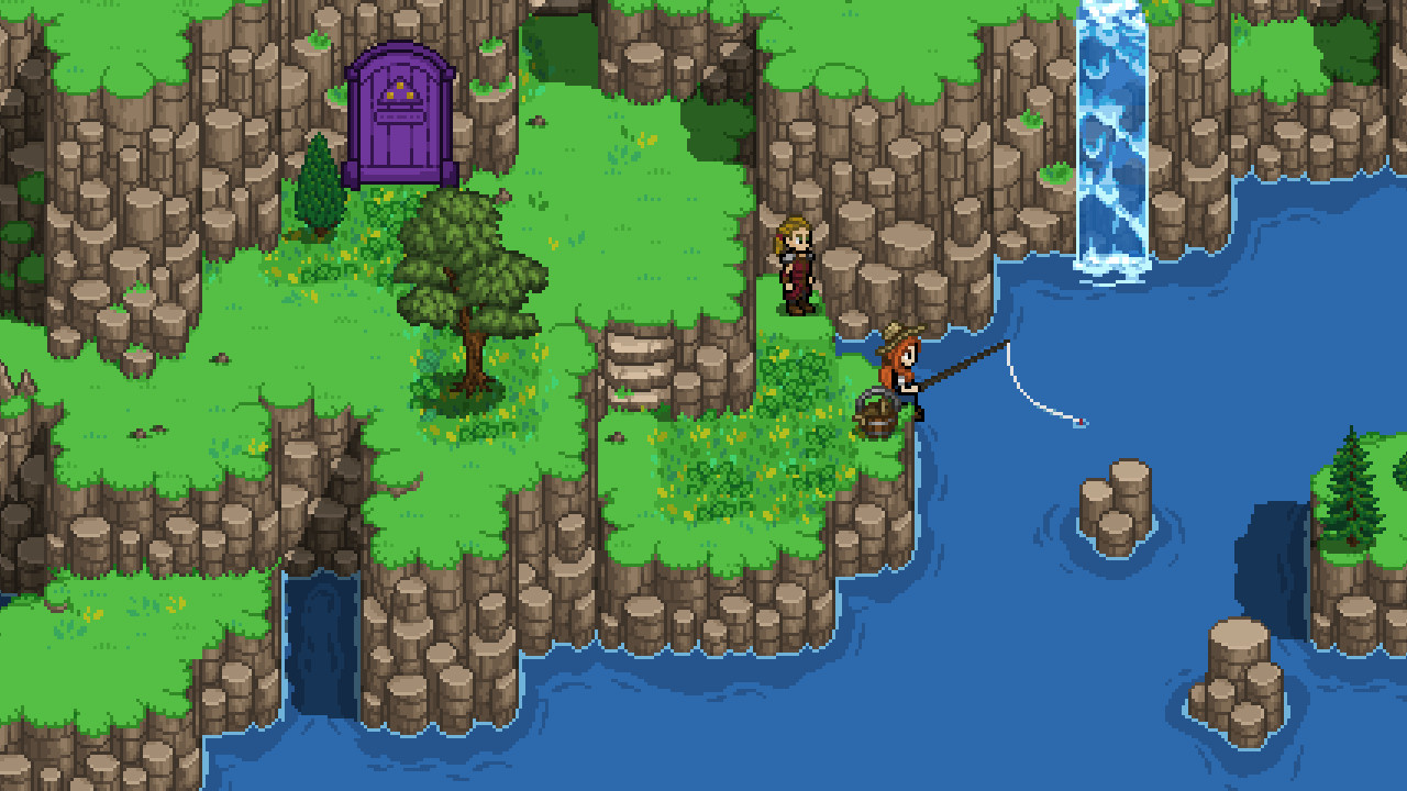 Velana Adventures screenshot of the protagonist Finley, standing near a fishing lady named Wade at the lakeside cliffs. There are waterfalls, trees, and flowers nearby, with an ominous purple door set into one of the cliff walls.