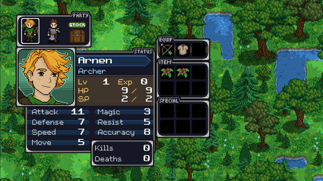 War of Velana screenshot showing the status interface of the protagonist, Arnen. He is currently a level 1 archer and has a bow and tunic equipped, with two restorative life berries in his inventory.