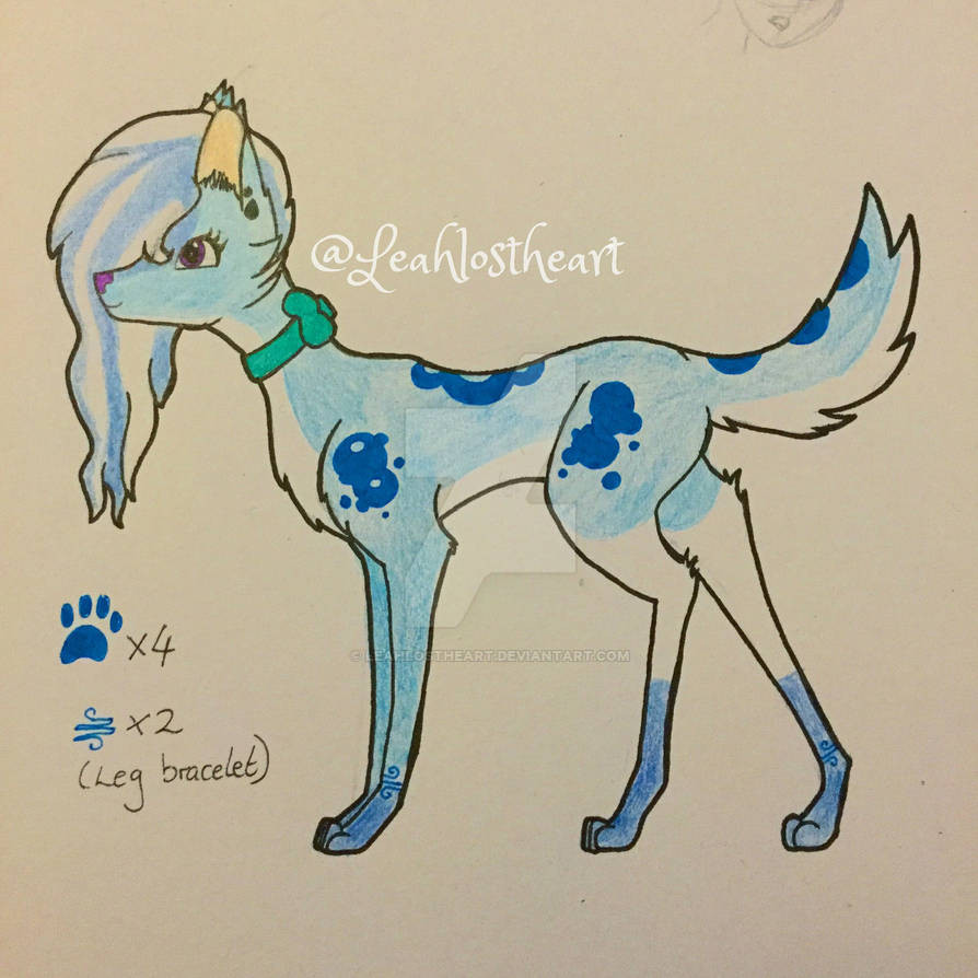 Old traditional art of mine from 2015. Image is a photograph taken of a drawing of a mostly light blue coloured wolf, with dark blue bubble shaped splotches on its tail, back, and the top of it's front and hind legs. It has a purple nose and eyes, a green bow round it's neck, and long flowing white and blue hair that goes down one side of it's face.