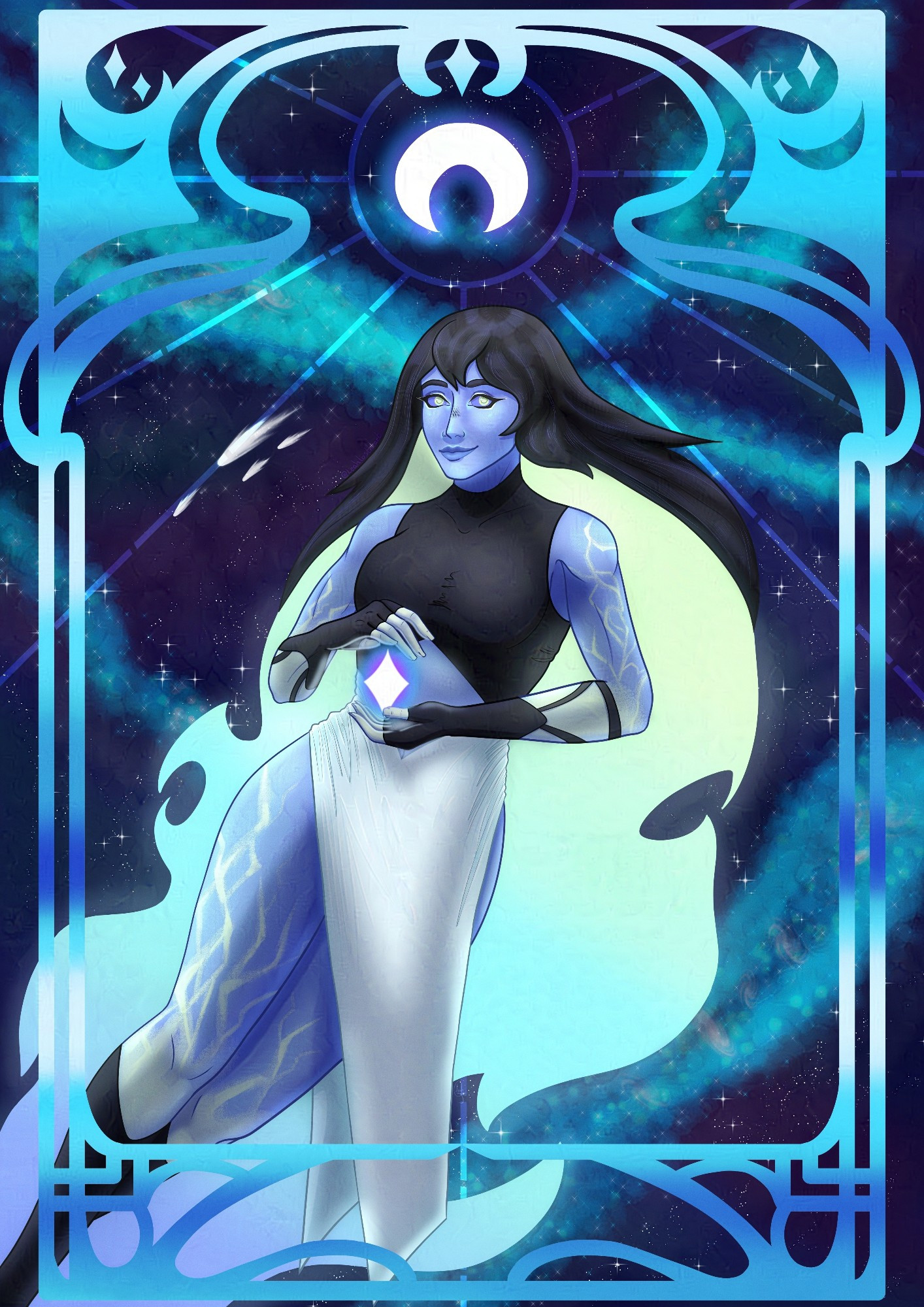 Dnd fire genasi character themed off of a comet. She has extremely long hair that is gradiented underneath and is glowing, her eyes are dark while her iris' are bright green in colour, and her skin is blue. She is holding a star in her hands and has a confident expression. The background is outer space with bright blue nebulous clouds, and scattering of stars, with a bright crescent moon above her head. The border is a blue gradient and themed around art nouveau and Tarot card style.