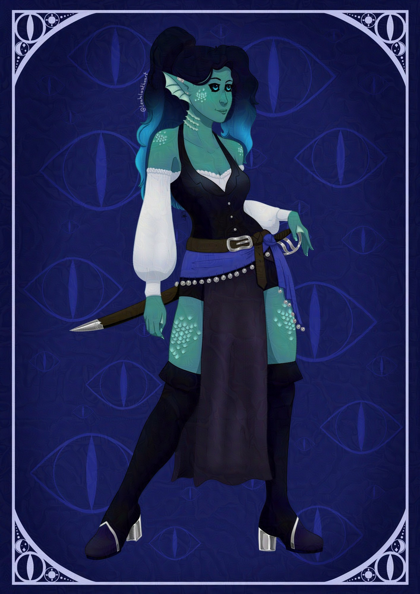 Dnd sea elf with greeny blue skin, blue eyes against black, and dark almost black hair which gradients in to light blue tips. Fish like scales are located on her thighs, shoulders and cheeks. She is wearing toned down pirate style clothing with a cutlass at her waist, all against a dark blue Tarot card style background featuring many serpent eyes fading into the background.