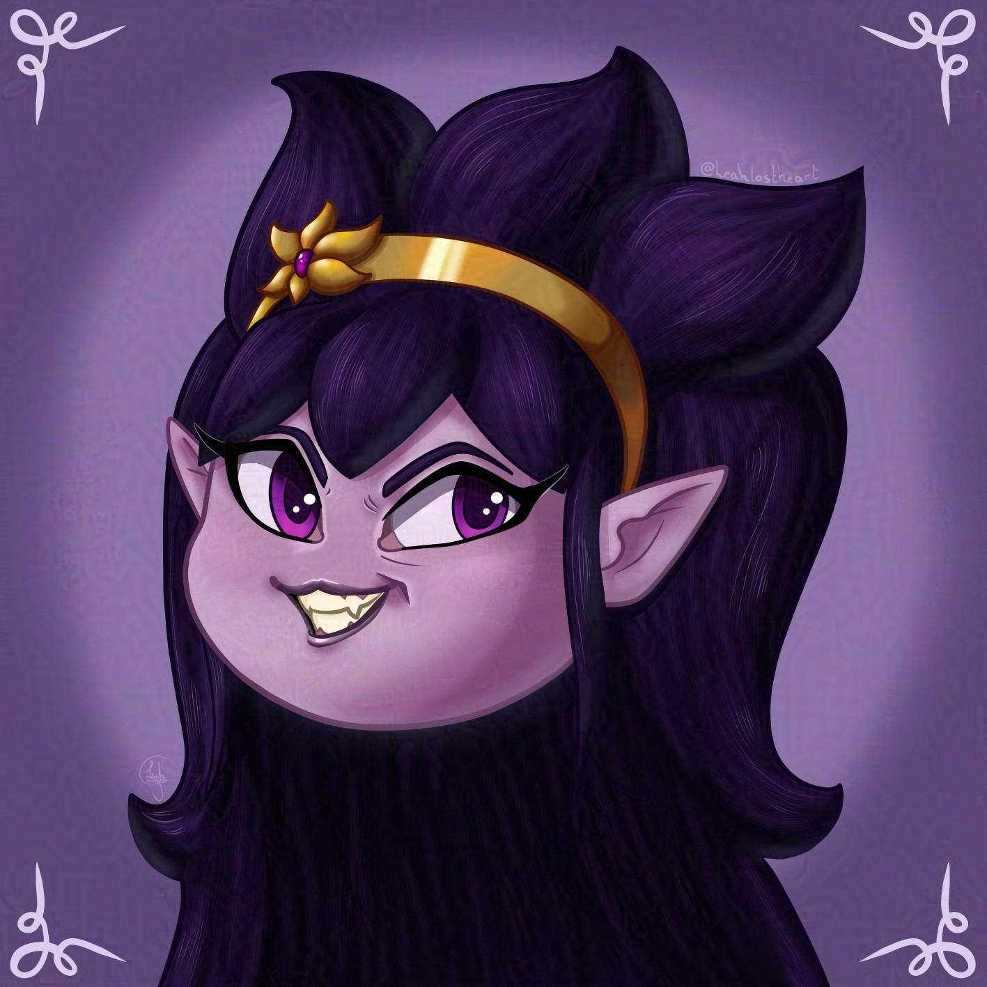 Chibi head drawing of a character with light purple skin, purple eyes and pointed ears. She has dark hair that is long and flowing but comes to 3 large points on the top of her head that almost resemble a crown, and there is a golden hair band that separates her fringe from the rest of her hair. She has a aggressively confident, smiling expression.