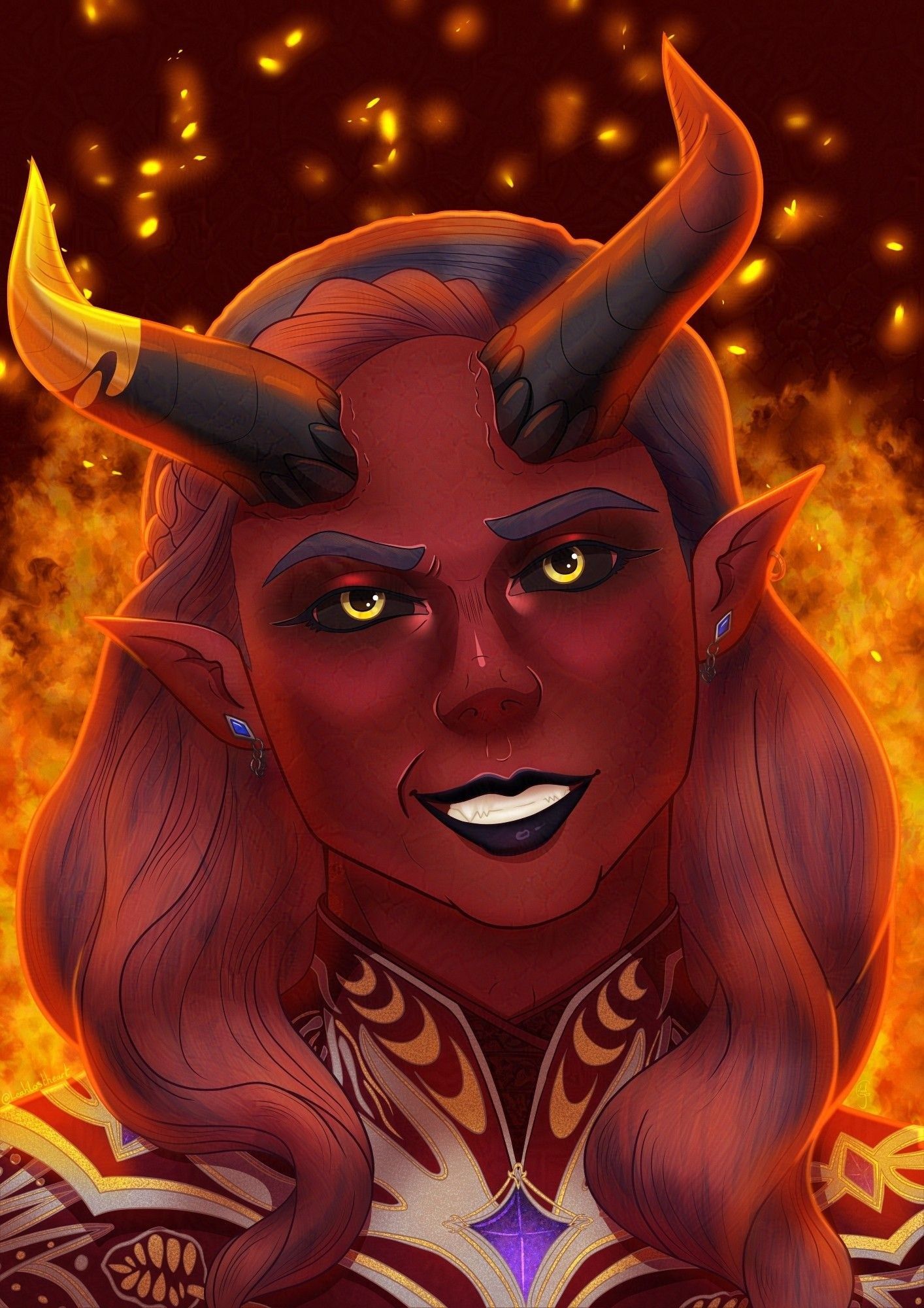 Portrait of a red skinned tiefling with yellow eyes and dark horns featuring a red gradient at their tips, and a golden cap on the right horn. They have a smug expression on their face as they wear very extravagant clothing, and a fire is blazing behind them.