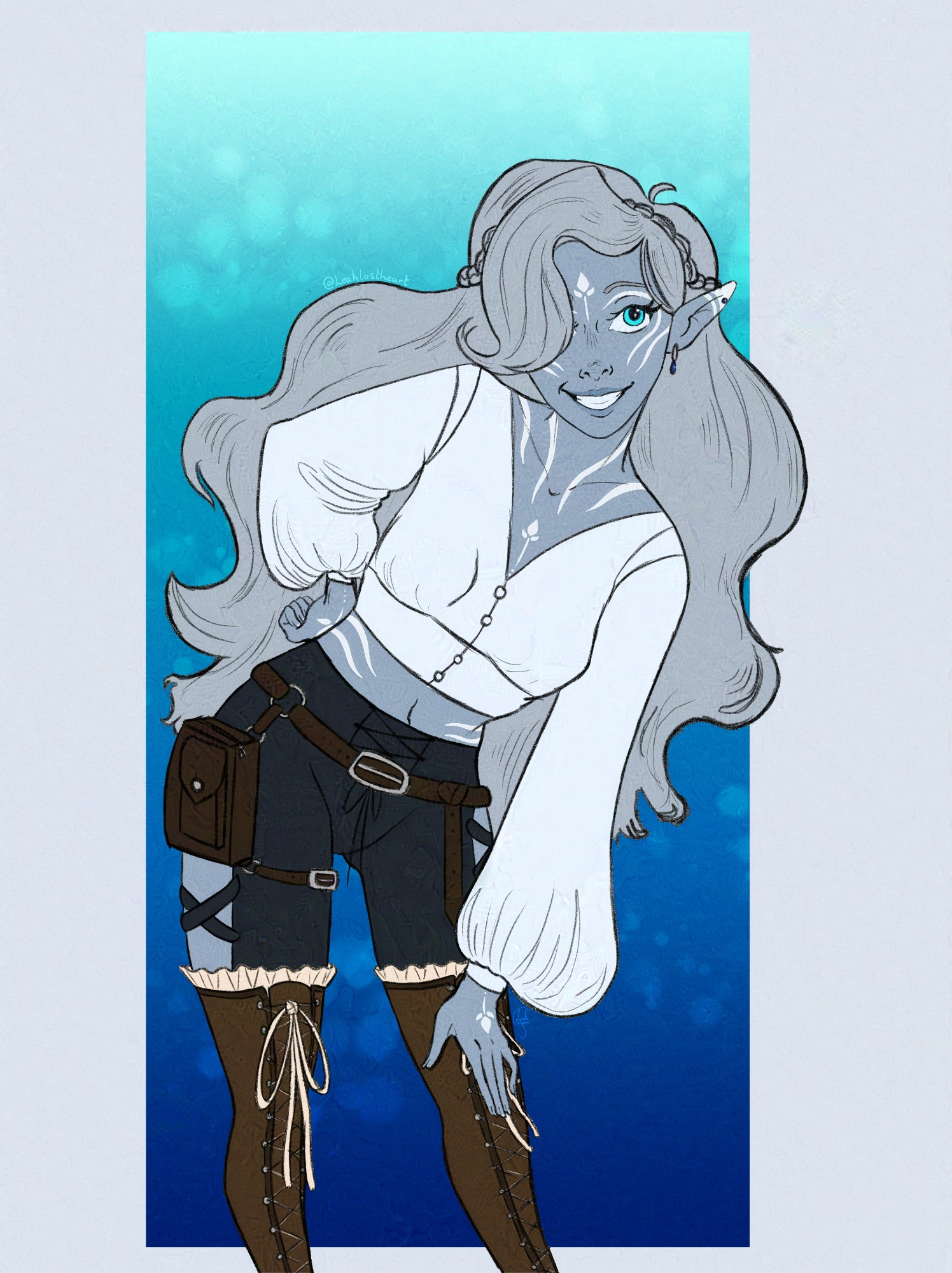 A coloured sketch of an air genasi from dnd. Her skin is a dull blue colour with light grey hair that is big and flowy, reaching down to her lower torso. She has bright blue eyes and white symmetrical markings on her skin; she is wearing a casual white long sleeved crop top with dark trousers and brown boots. She has a cheeky expression with a large but sweet smile on her face.