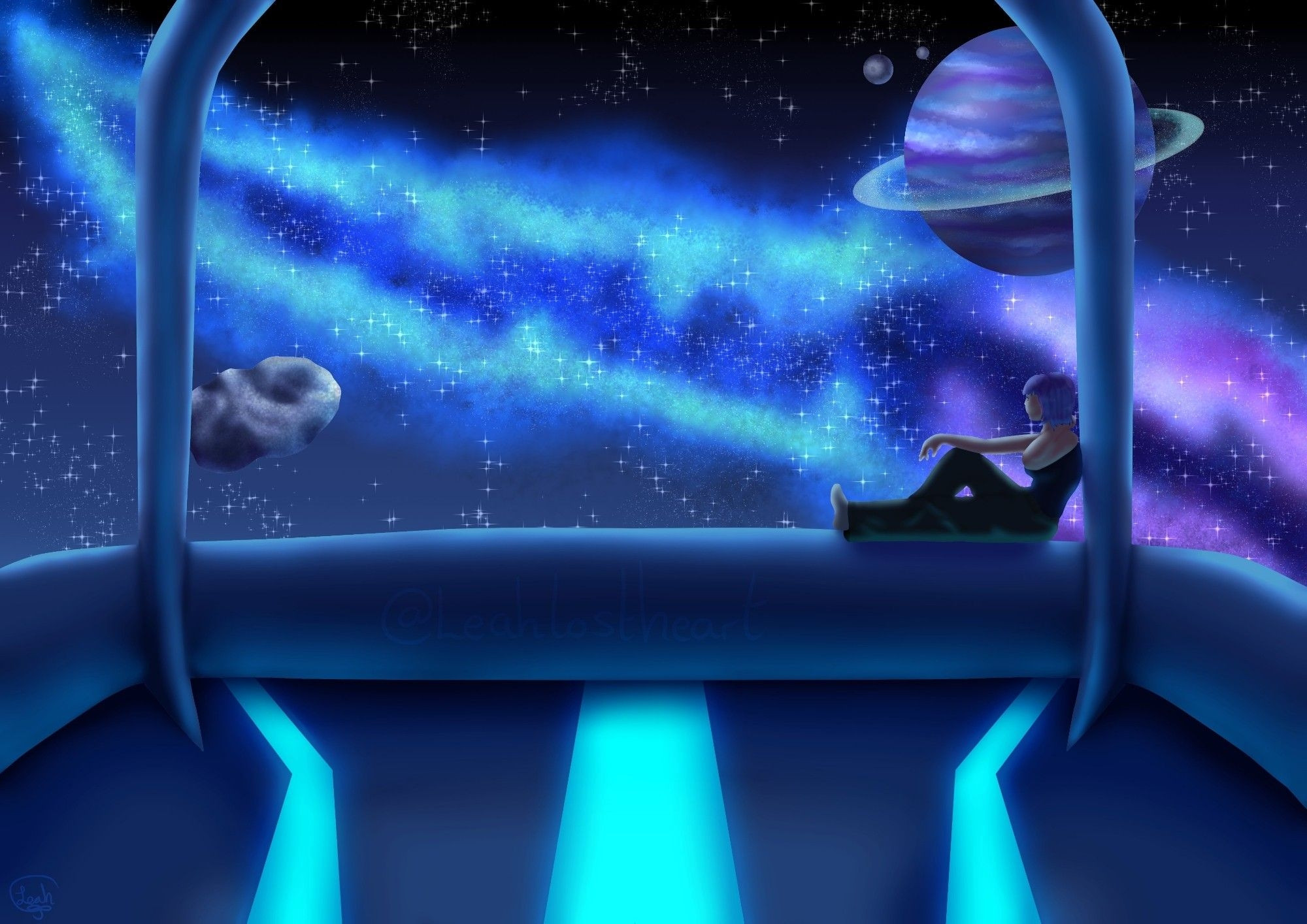 Image shows the inside of a viewing platform in a space station, with a large expansive window. There is glowing lights on the floor and a woman in comfortable clothes with purple hair sitting relaxed on the window ledge staring out into the vast space. There is a large cool palette coloured planet in the distance with an icy ring, a large floating meteorite, and a nebulous cloud stretching across the entire space composed of blue and purple colours, sparkling with clusters of stars everywhere.