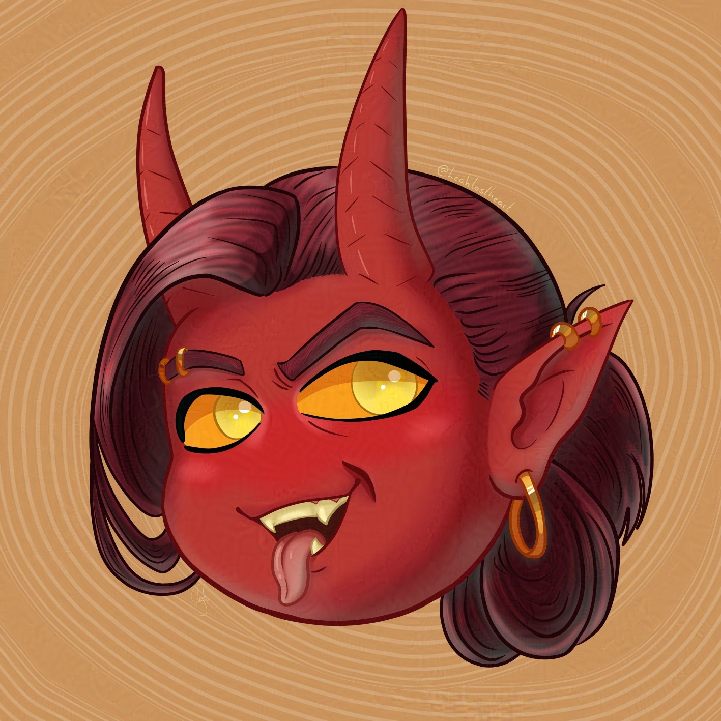 Chibi head digital drawing of a red skinned tiefling with red horns, golden eyes, gold jewelry, and reddish long hair that is tied back in a loose low ponytail. They have a playful confident expression and are sticking their tongue out.