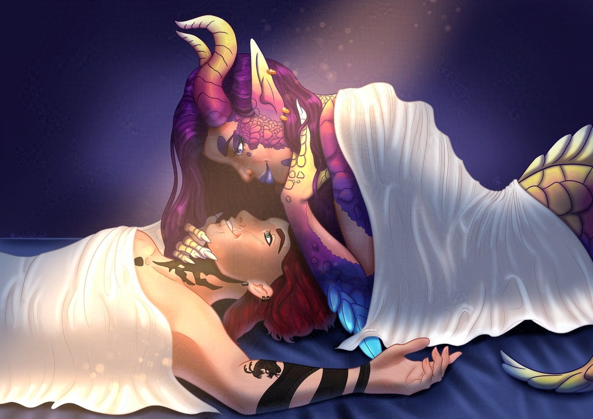 Digital drawing of Micah's characters Ilya and Mosaic laying on a bed, there is a white sheet draped over each of them. Ilya is laying on his back with his left arm relaxed out to the side next to Mosaic, and he is looking up at them with a besotted expression. Mosaic is laying on their stomach, head leaning over Ilya's as they brush their purple hair back out of their face, their right hand gently caressing Ilya's chin as they stare loving down at him with a relaxed confident expression. A strong ray of light crosses over them.