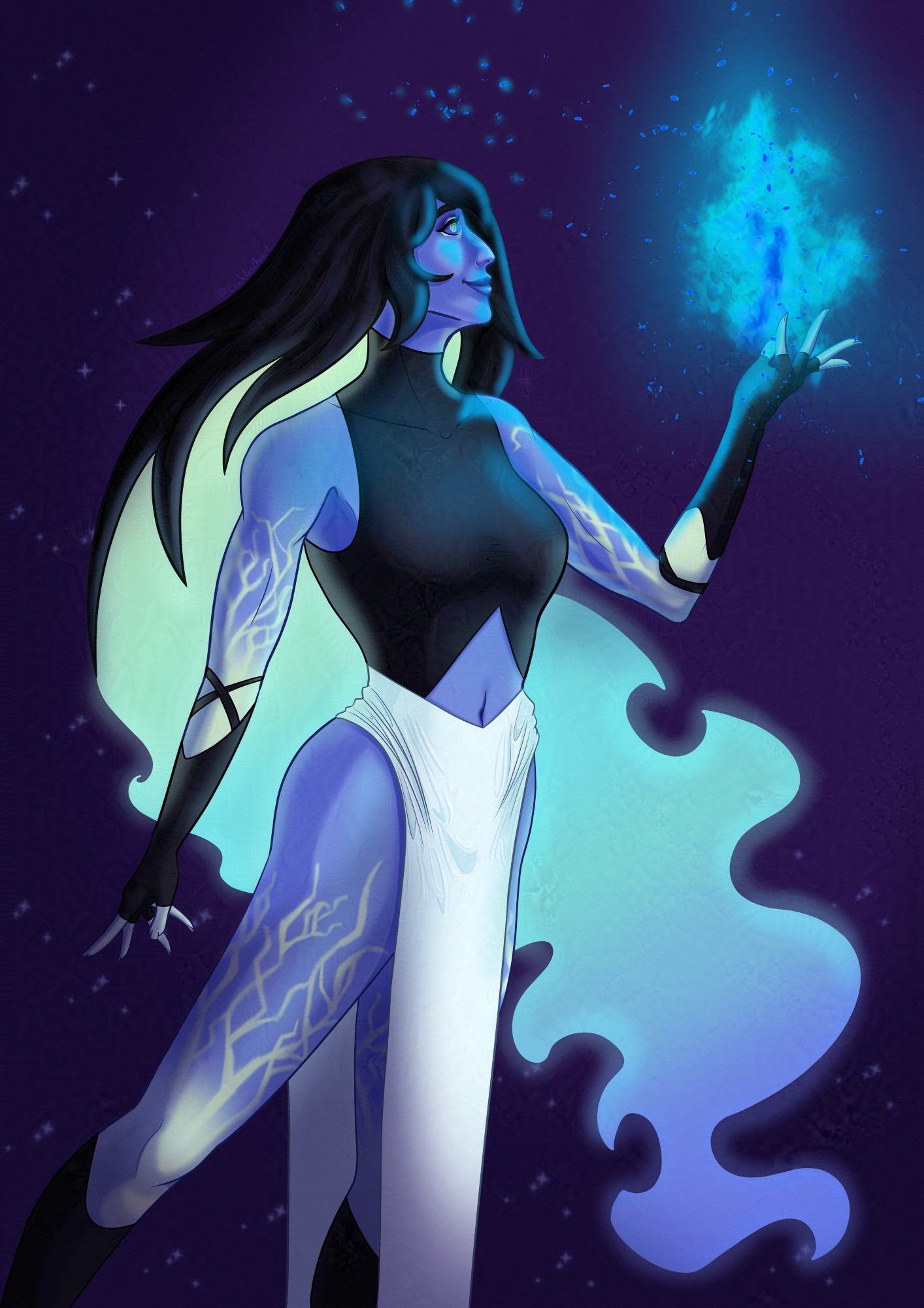 DnD fire genasi character with blue skin, black hair that gradients into teal and blue flame, with teal cracking going up their arms and legs. She has a happy expression as she produces a strong blue flame from her left hand and admires it.