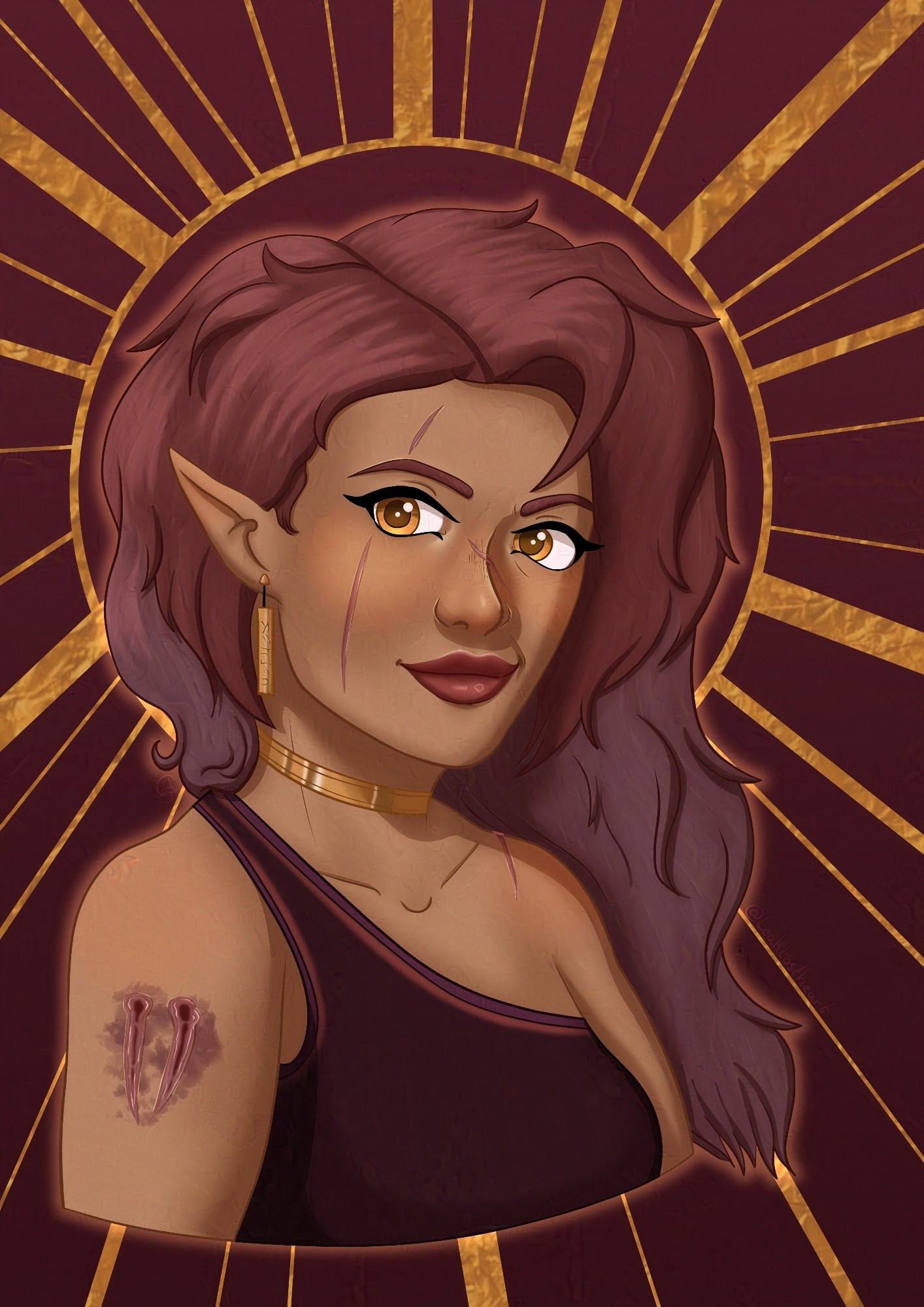 A portrait of a sun-kissed skin elven character with rose pink choppy hair, golden eyes, and dark pink lips. She has a scar across her right eye that goes from her forehead down to her jaw, a scar across her nose, and a recent snake bite mark on her right arm, and she is wearing golden jewellery. She has a soft happy expression, while there is golden sun symbology behind her head against a red-ish pink background.