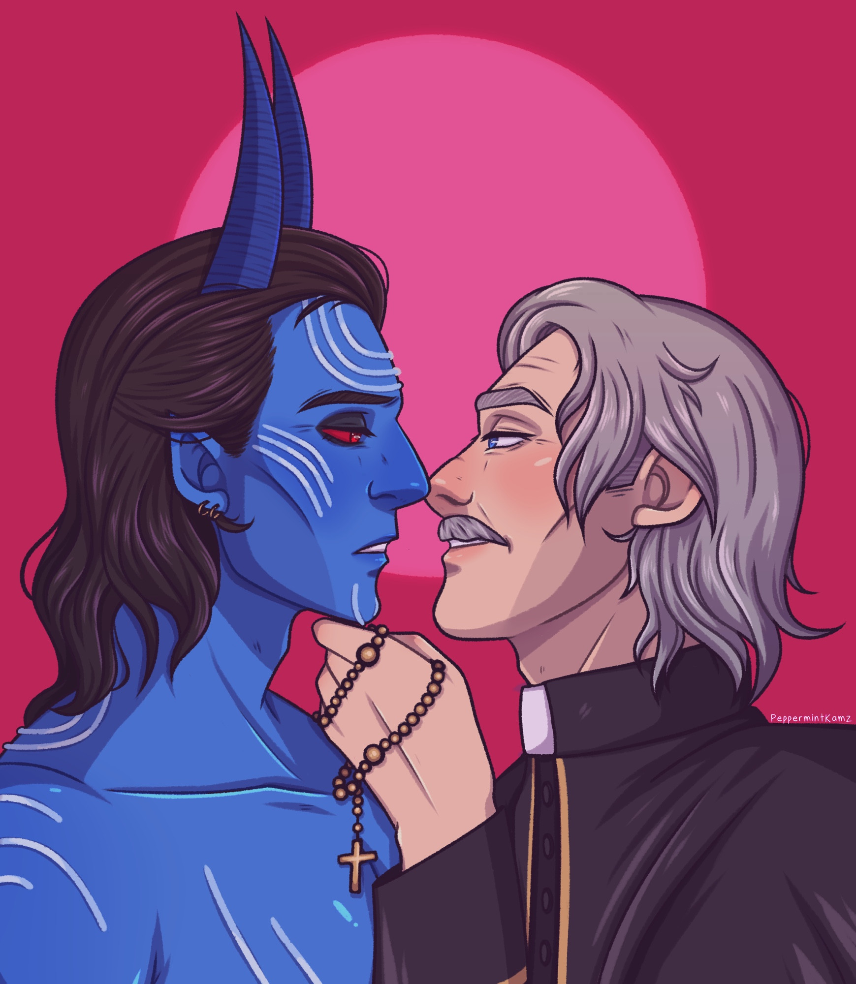 Digital drawing of Loki and Mobius from the Loki series. Loki’s skin is blue and has horns, similar to his jotun look. Mobius has long grey hair down his neck and is wearing priest attire. Mobius is holding Loki by his chin with his hand to bring him closer. He is also holding a golden rosary. 