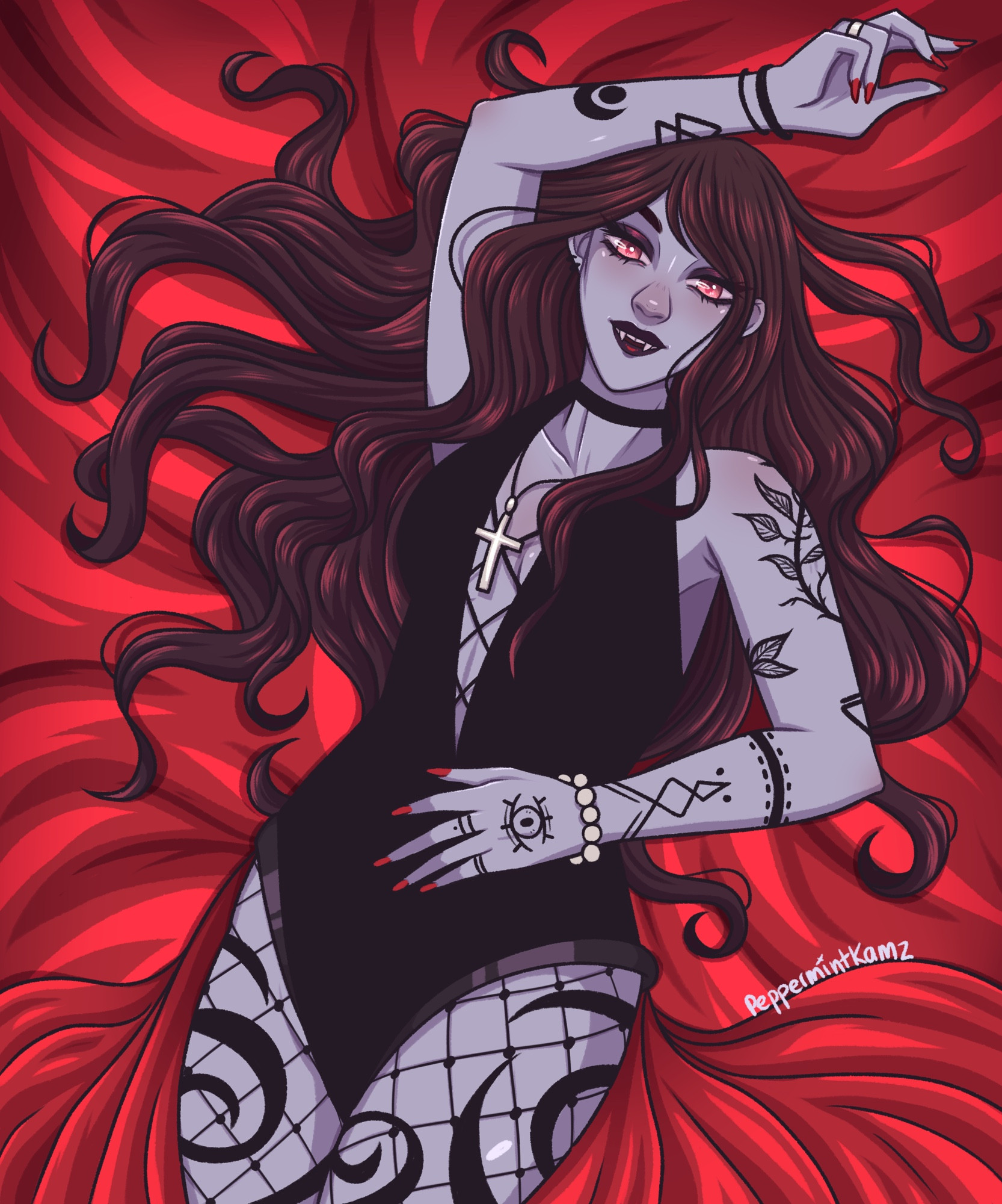 Digital art of a vampire woman lying on red fabric. Her hair dark and reddish spread on the fabric. She has grey skin and tattoos on her arms. She’s wearing a black bodysuit and a white cross, which fishnet tights. 