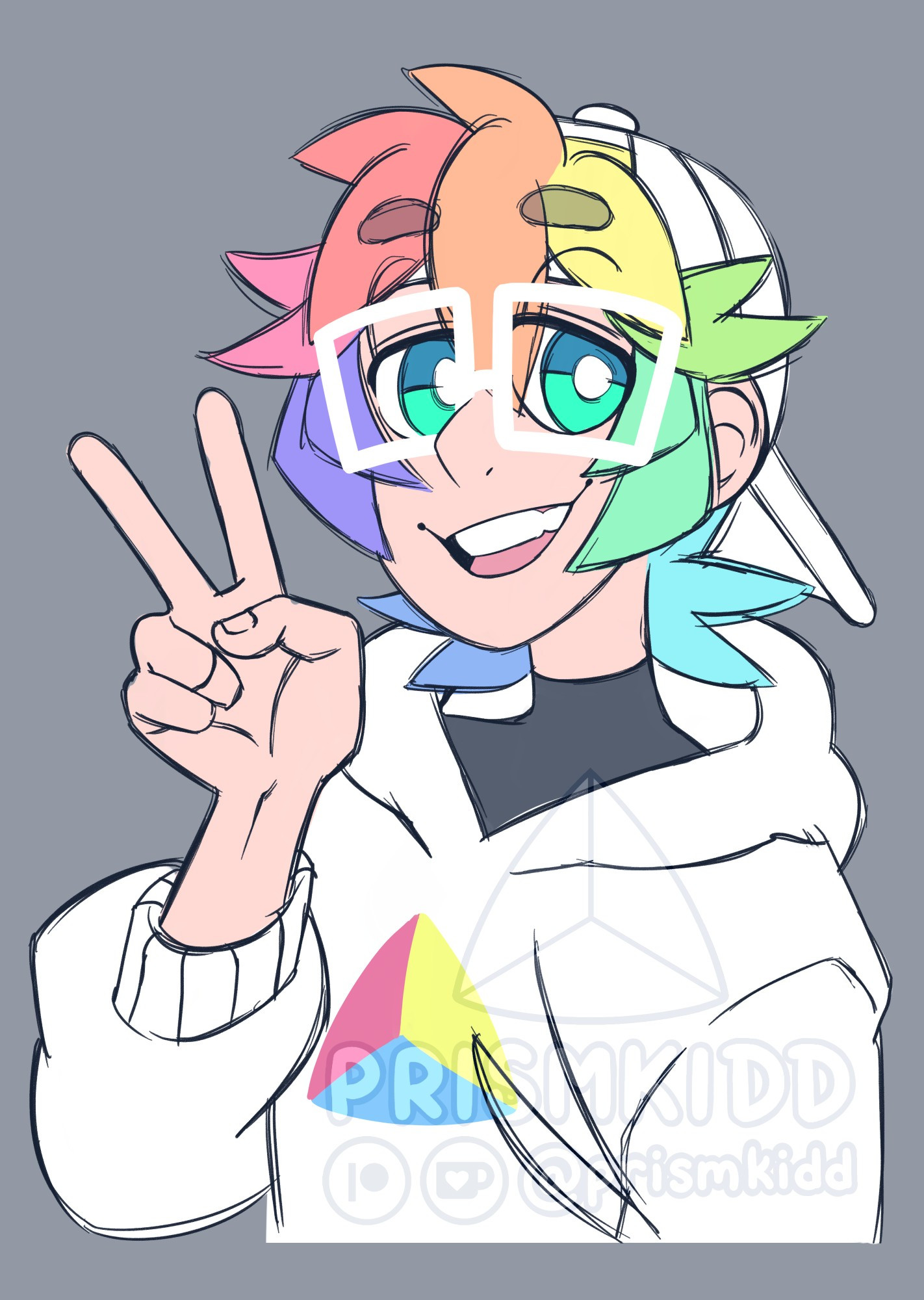 prismkidd's online avatar. they're smiling and making a V sign to the camera. they're drawn from the chest up. they're a person with short,  rainbow hair and teal eyes. they're wearing white glasses, a white, backwards snapback hat, and a white hoodie with their logo on it. the logo is a rounded triangle that is split into 3 equal parts in red, yellow and blue.