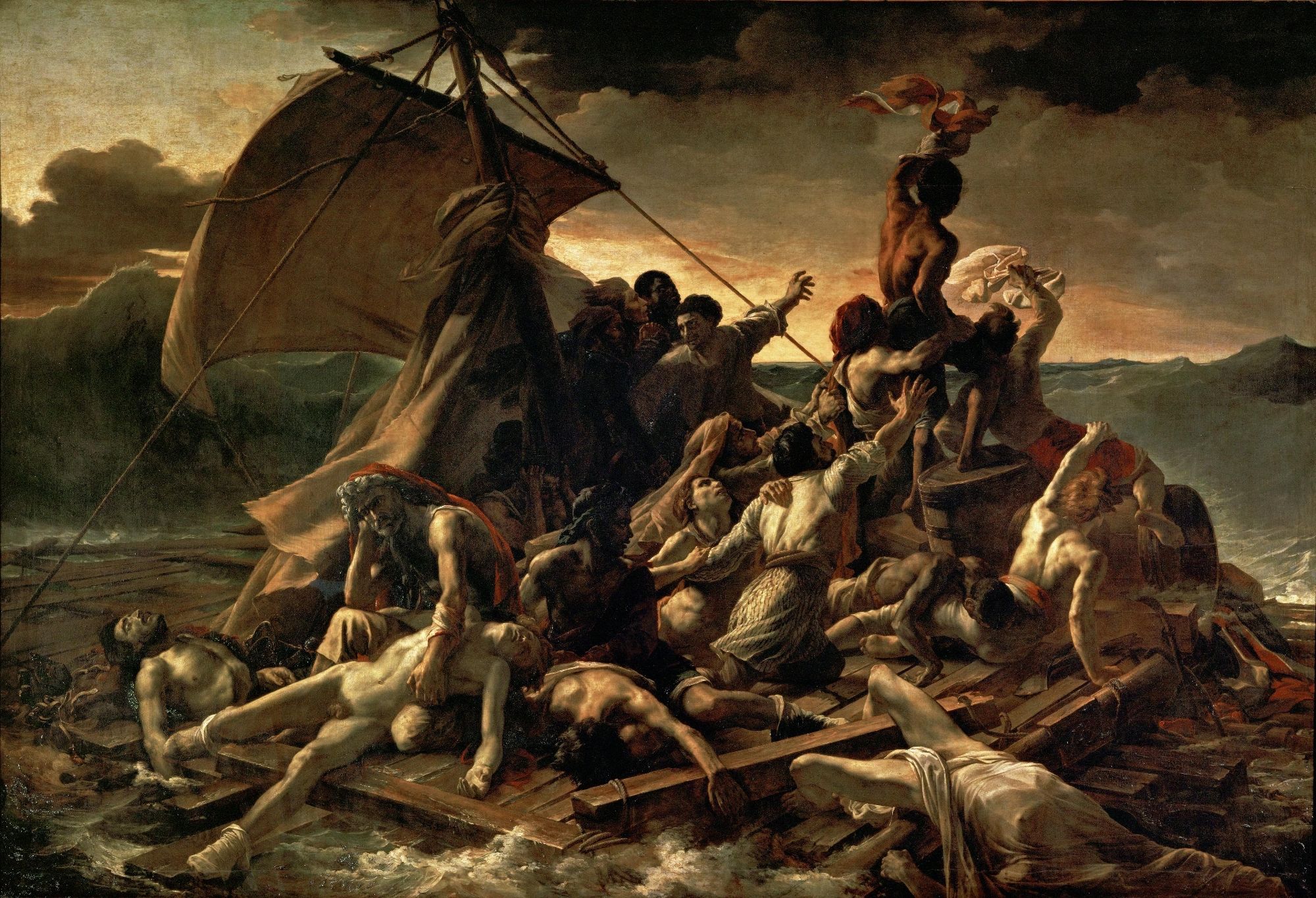 The raft of the Medusa painting by Theodore Gericault, an actual classical painting, showing several people surviving a shipwreck on a single raft in the ocean. The composition is similar to the AEW photo