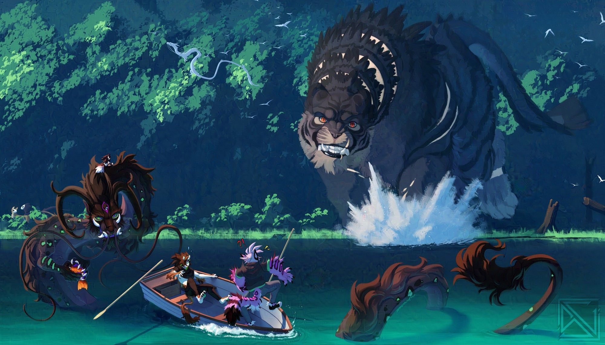 A landscape painting featuring a lake, distant forest and many characters. In the foreground is a rocking rowboat, containing two fantasy humanoids with furry features, and surrounding the boat is a long dragon, partially submerged and holding a fish. There is a giant dark tiger with red eyes chasing the boat from a distance, and many woodland creatures running to escape it on the sides.