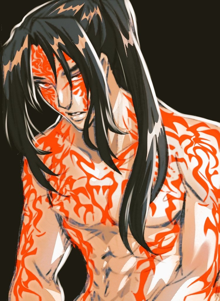 Fanart of semi-naked Luo Binghe covered from top to bottom in red demon marks as reference to what happened to him in yhe last few chapters of the novel Scum Villain's Self-Saving System, with his expression, it's like he's not entirely there. 