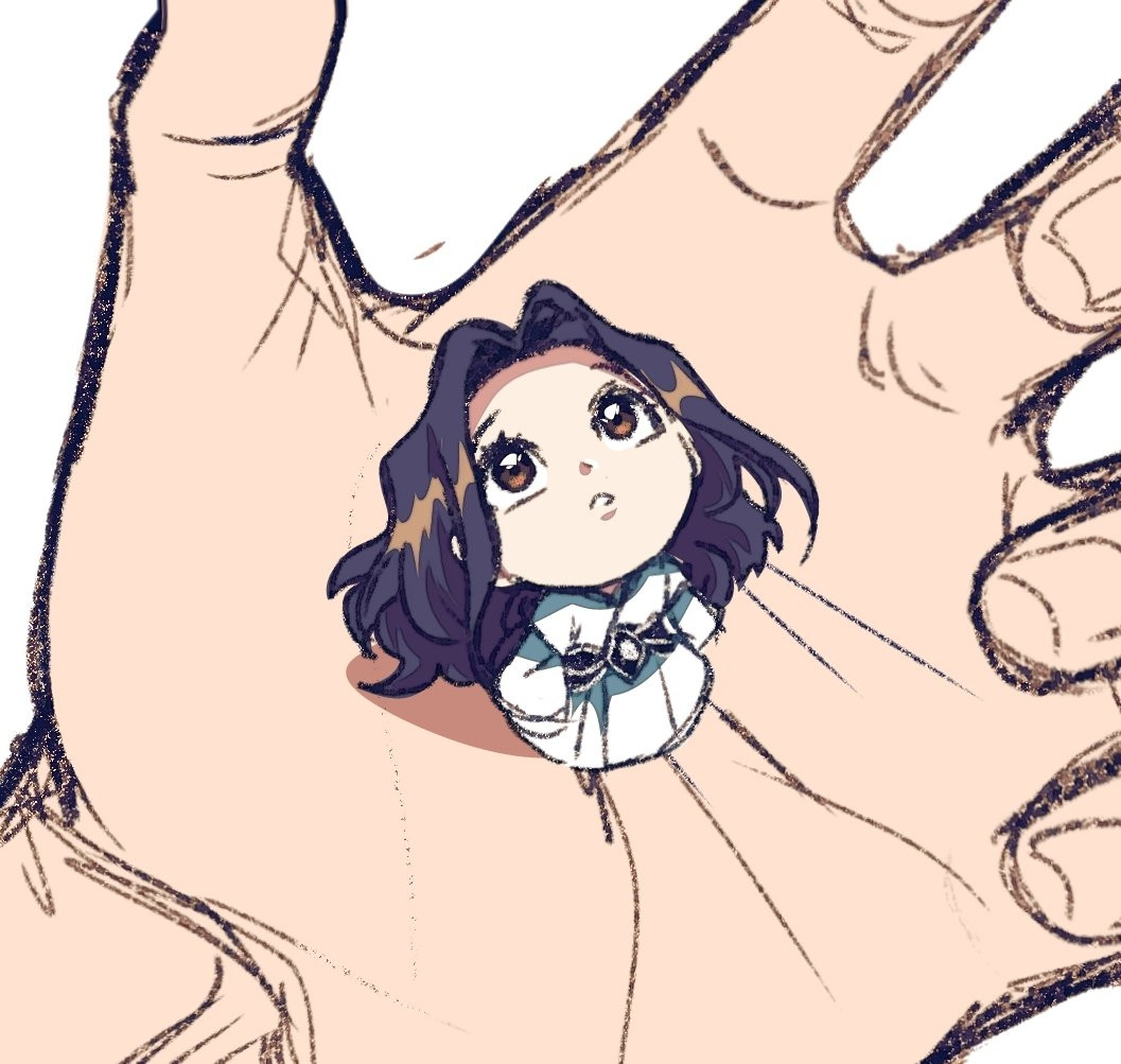 Drawing of a tiny young Luo Binghe (Bunhe), a character from the Chinese webnovel Scum Villain's Self Saving System, sitting on top of someone's palm, looking up at the viewer. The epitome of cuteness.