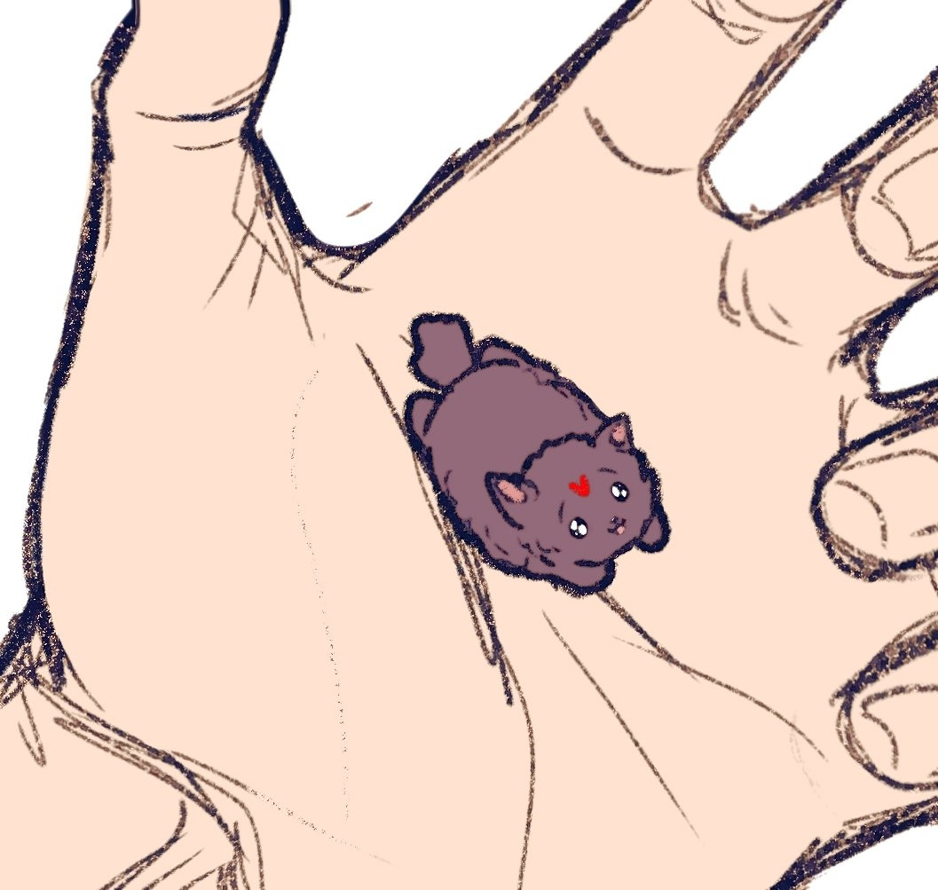 Drawing of a tiny Bingpup, a fluffy dark puppy version of Luo Binghe from the Chinese webnovel Scum Villain's Self Saving System made by Kamkamquats on twitter, laying on top of someone's palm, looking adorably at the viewer.