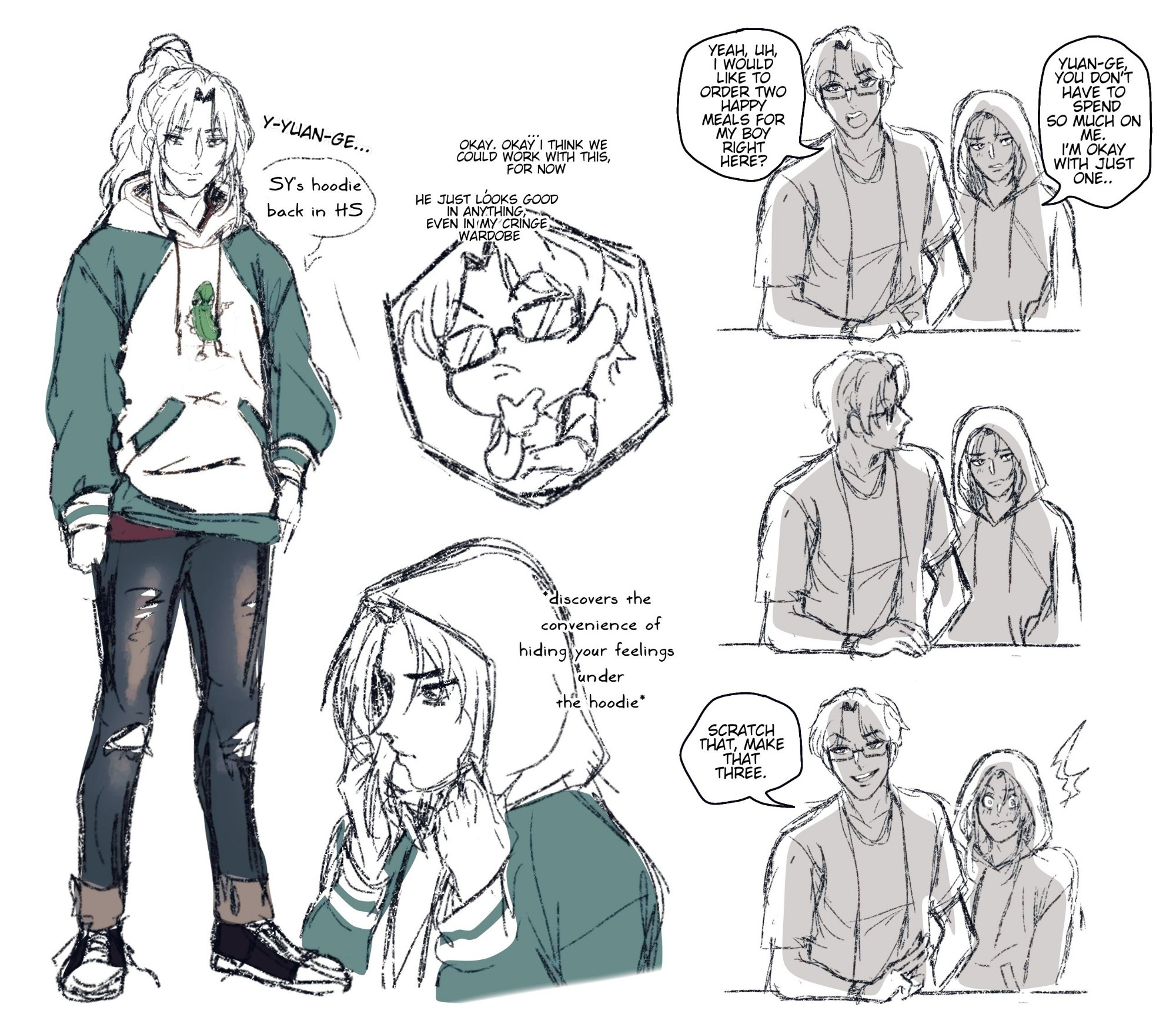 Messy sketches of my Reverse Transmigrator AU for the webnovel danmei series called Scum Villain's Self Saving system featuring two major characters of the story, Shen Yuan and Original Luo Binghe (nicknamed Bingge by the fandom).  Context: Original Luo Binghe  as a teenager from the webnovel Proud Immortal Demon's way, transmigrated into modern China, where he meets Shen Yuan, his eventual caretaker, who happens to be an avid hater, uh, reader of the series.

The right side of the canvas is a study sketch of Teenage Luo Binghe from the original Proud Immortal Demon's way novel wearing Shen Yuan's clothing, a hoodie with a cucumber print and some ripped jeans and worn sneakers. Shen Yuan thinks Luo Binghe is good with anything to be honest.

The right side features Shen Yuan ordering food for Luo Binghe. He's a rich shut in, he doubled the order for Luo Binghe instead, heh.