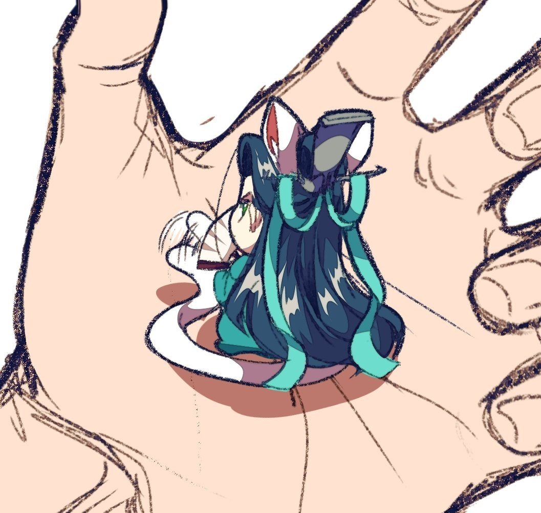 Drawing of a tiny cat boy Shen Jiu, a character from the Chinese webnovel Scum Villain's Self Saving System, sitting on top of someone's palm, looking pissed. (cute)