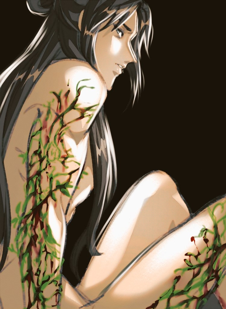 Fanart of Shen Qingqiu nearly naked with a bunch of cursed vines growing out of his skin painfully as reference to what happened to him at some point in the novel 'Scum Villain's Self-Saving System.'