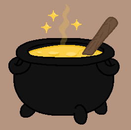 A black cauldron filled a mysterious yellow liquid.