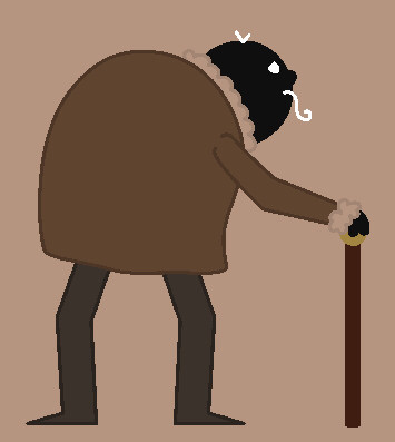 A somber looking creature looks off to the side while holding a cane.