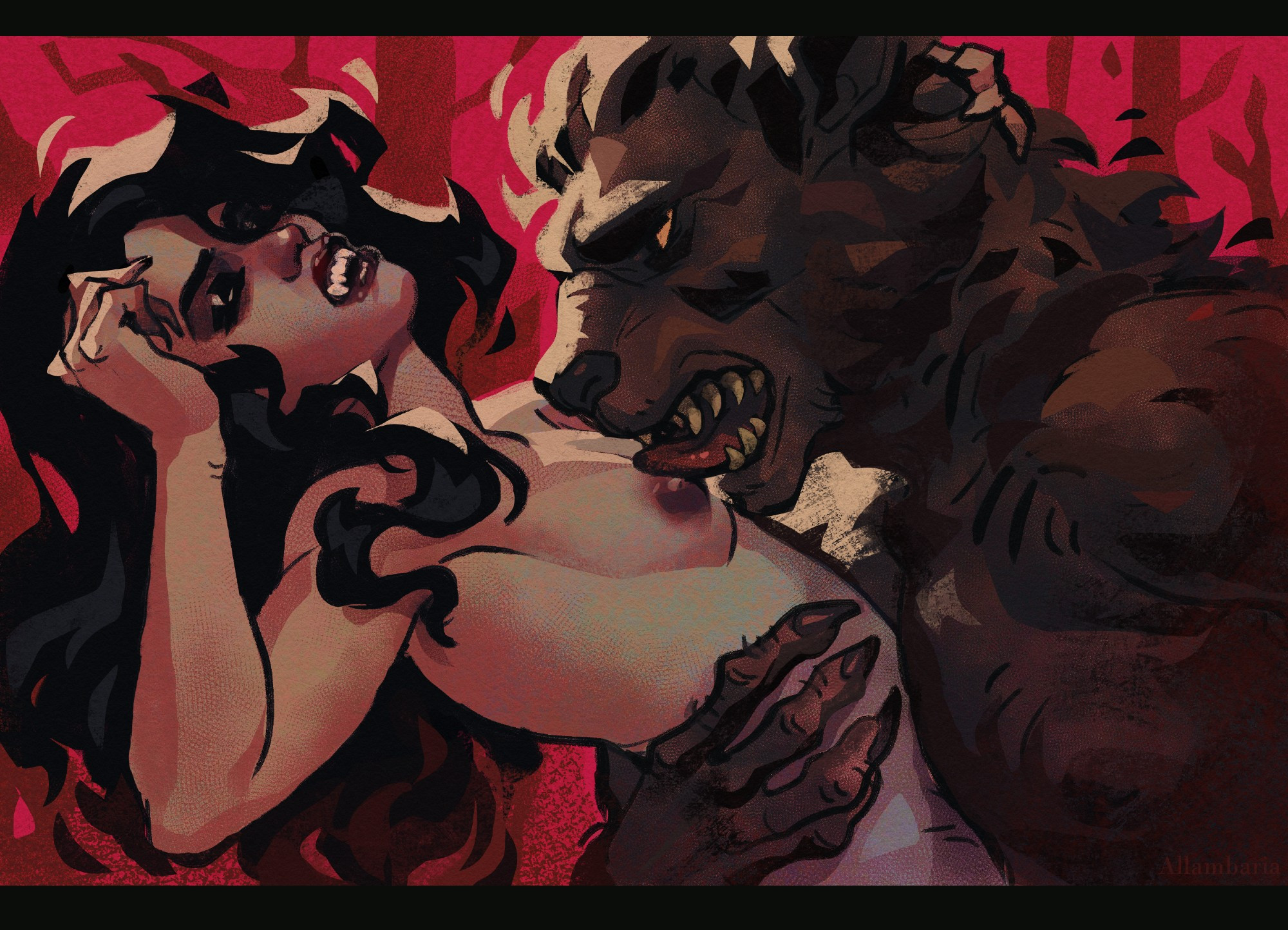 A drawing of wolfwoman licking vampire girl's chest. The figures are backlit with bright red forest on the background. 