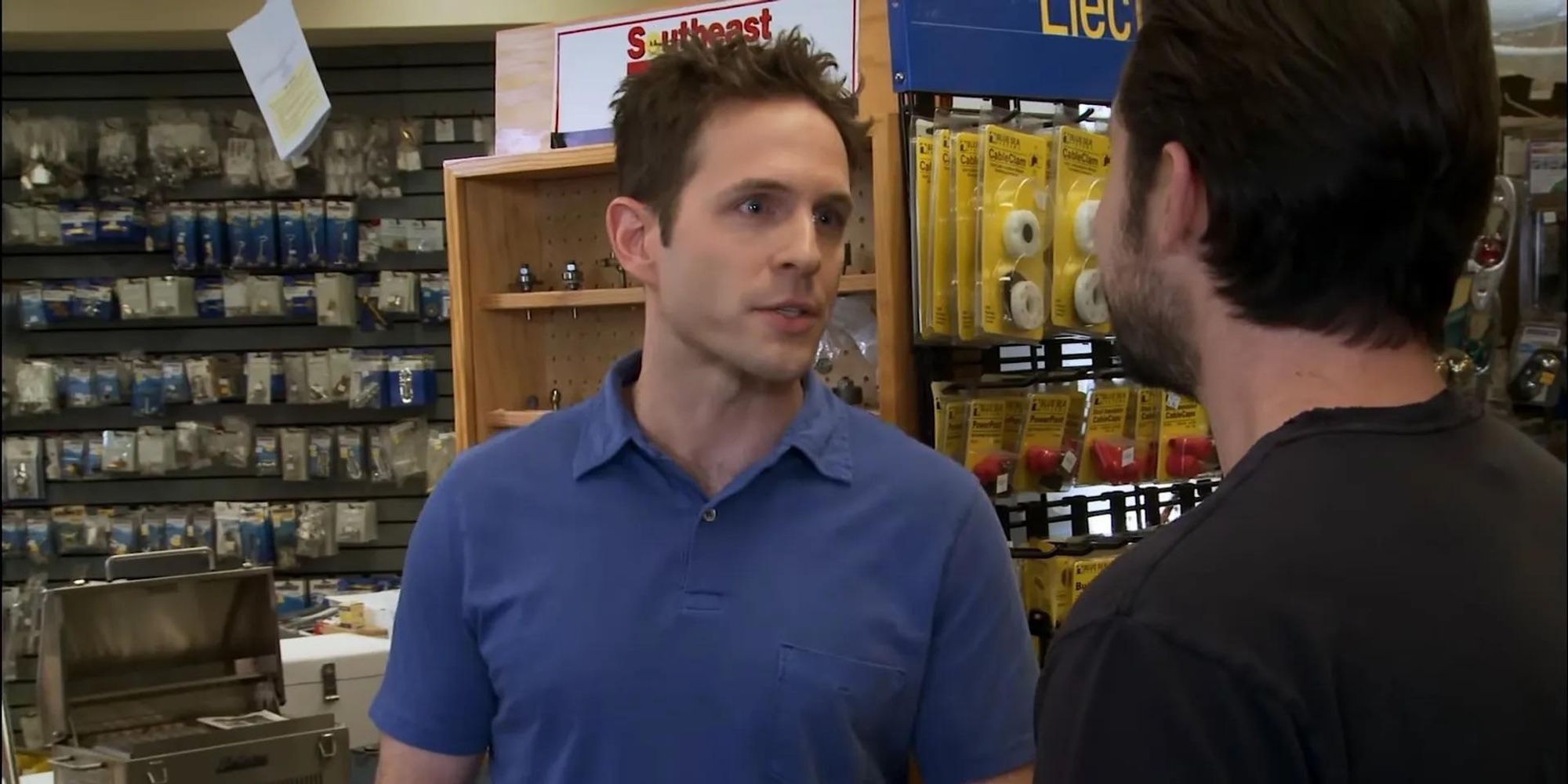 Dennis Reynolds from the show Always Sunny in Philadelphia in a boat shop during the infamous "implication" scene.