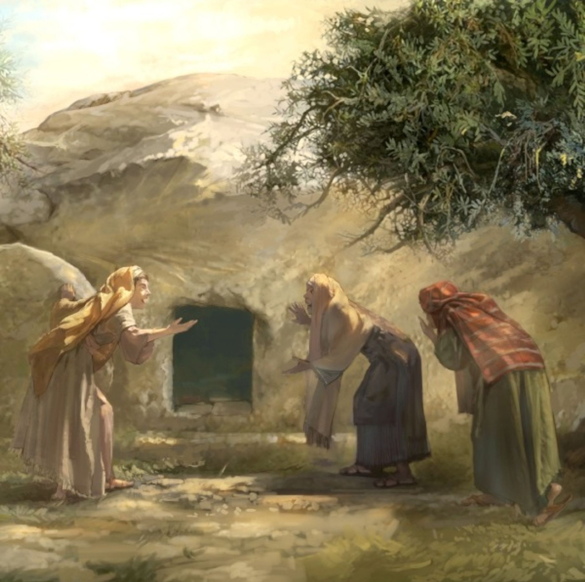 Painting of Mary Magdalene and two other people discovering Jesus' empty tomb