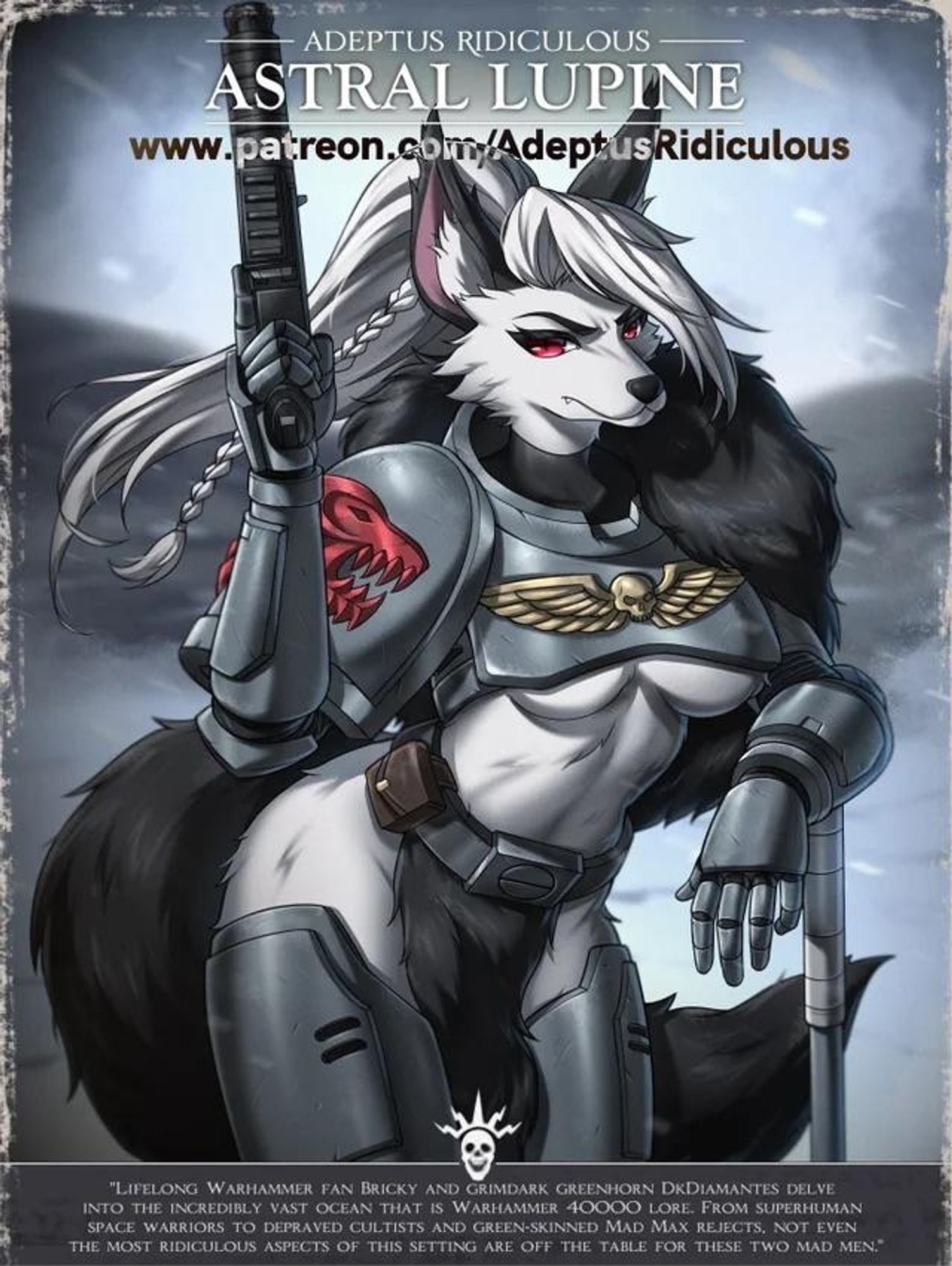 An Adeptus Ridiculous poster of legally distinct Loona from Helluva Boss dressed up as a legally distinct Space Wolf Astartes from Warhammer 40k