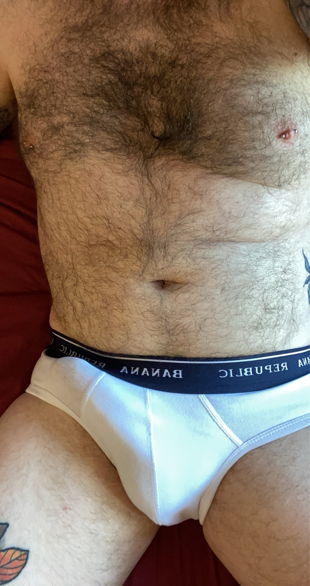 Hairy torso and white briefs with a noticeable bulge