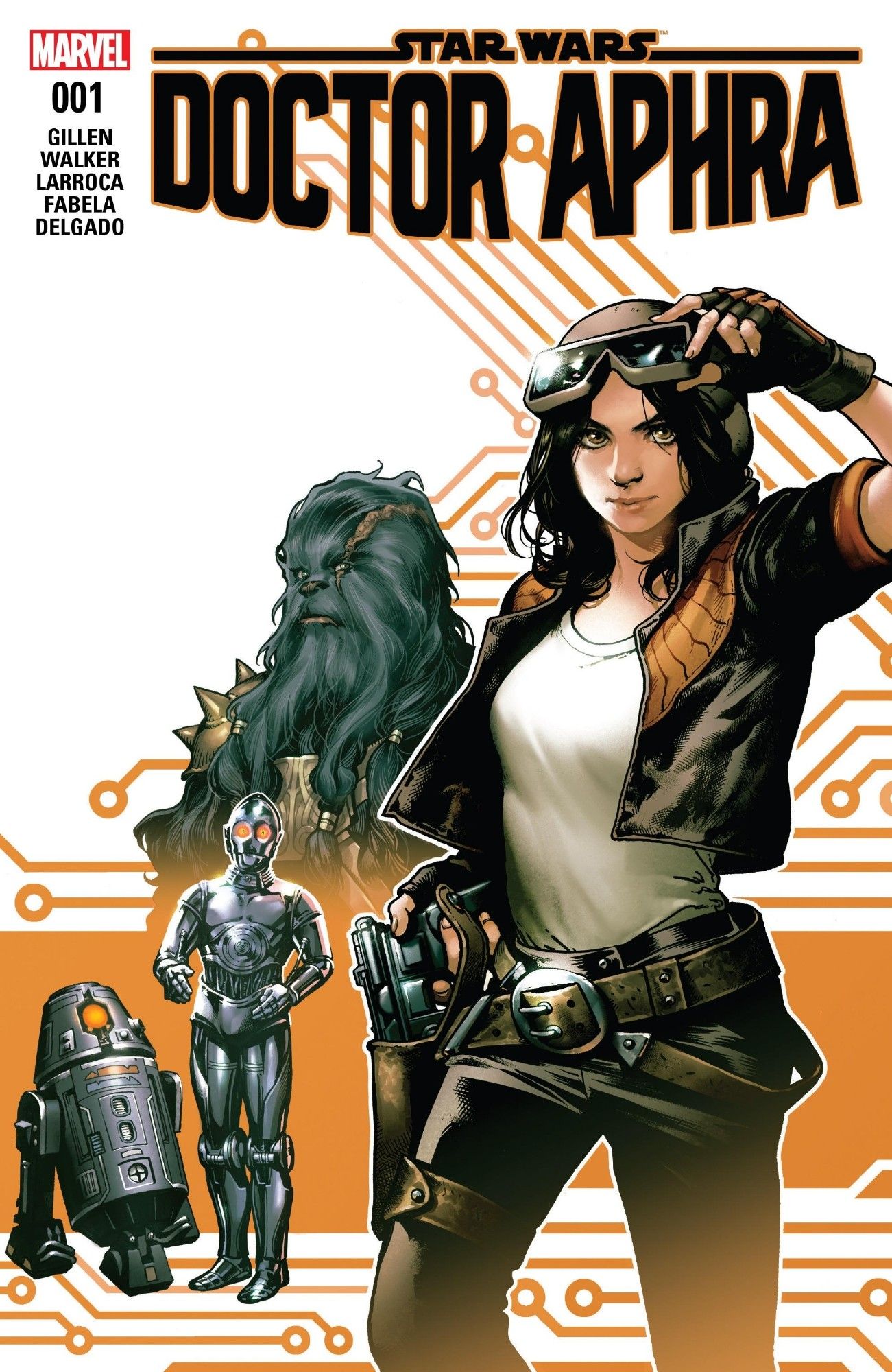 Star Wars Doctor Aphra 01 comic cover, featuring Aphra, Krrsantan and the two droids.