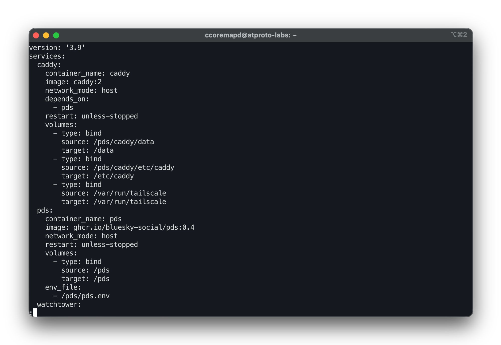 Terminal window showing configuration of 'compose.yaml' file for ATProto PDS. The contents of the file focused on 'caddy' section, where you need to add this type of text under 'volumes' of that section:

- type: bind
  source: /var/run/tailscale
  target: /var/run/tailscale