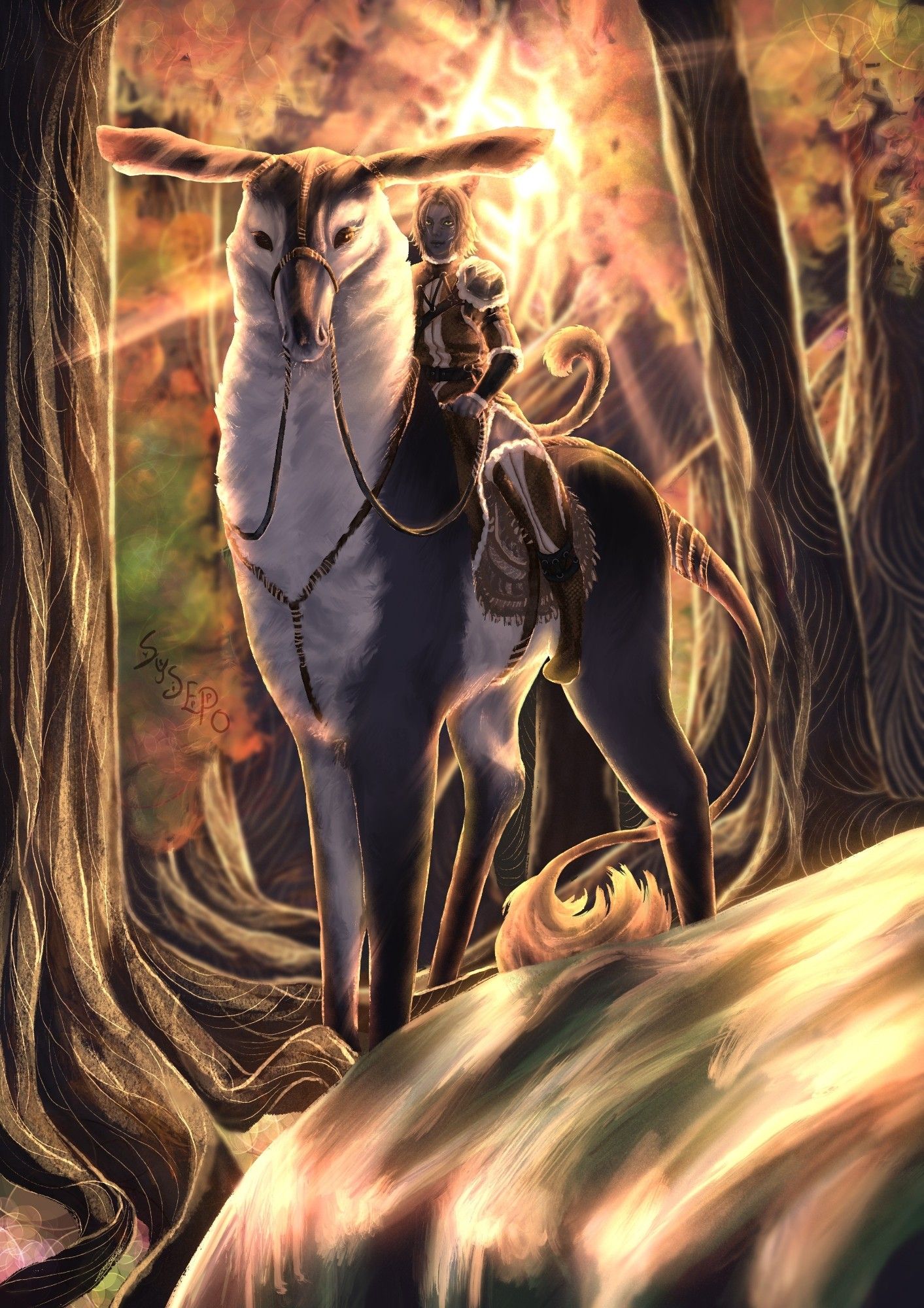 Miqo'te traveller in an autumnal forest, riding a big doe-like creature. The whole scene is illuminated by the warm light of the evening sun that shines from behind the traveller and his mount.