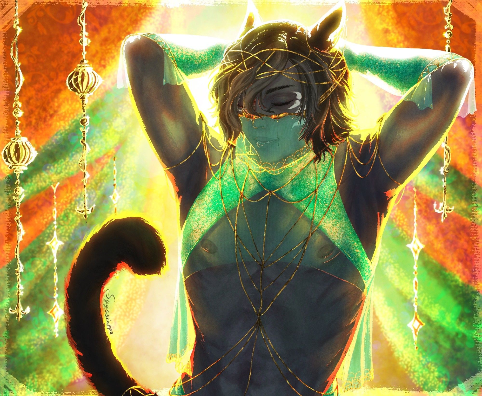 A male miqo'te wearing a highly ornate yet scantly covering dancer outfit. Light is flooding from behind him, hitting the golden ornaments that dangle among colourful drapes in the background.