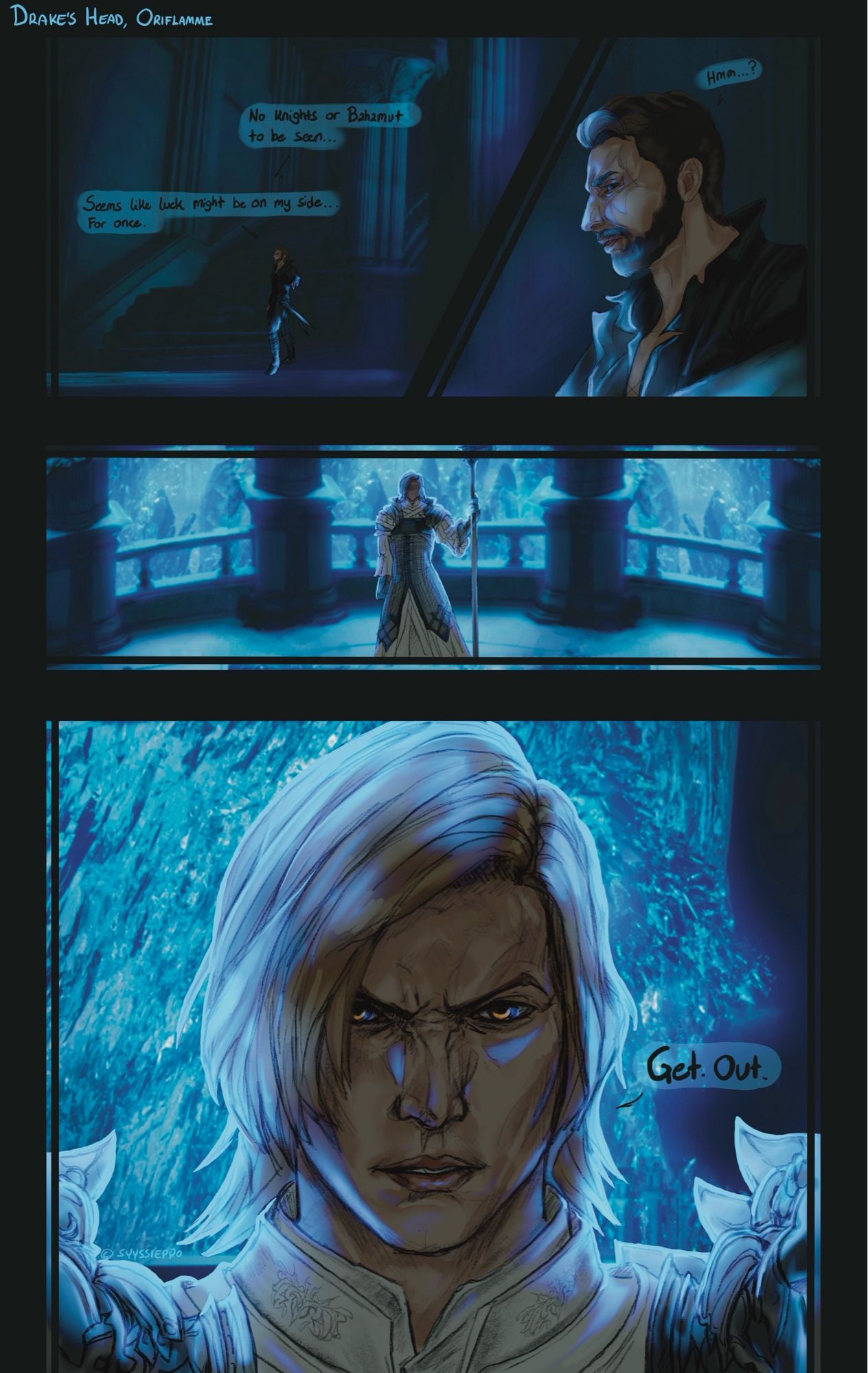 Cid is sneaking around at the Drake’s Head. Dion blocks Cid’s way to the mothercrystal, telling him to get out.