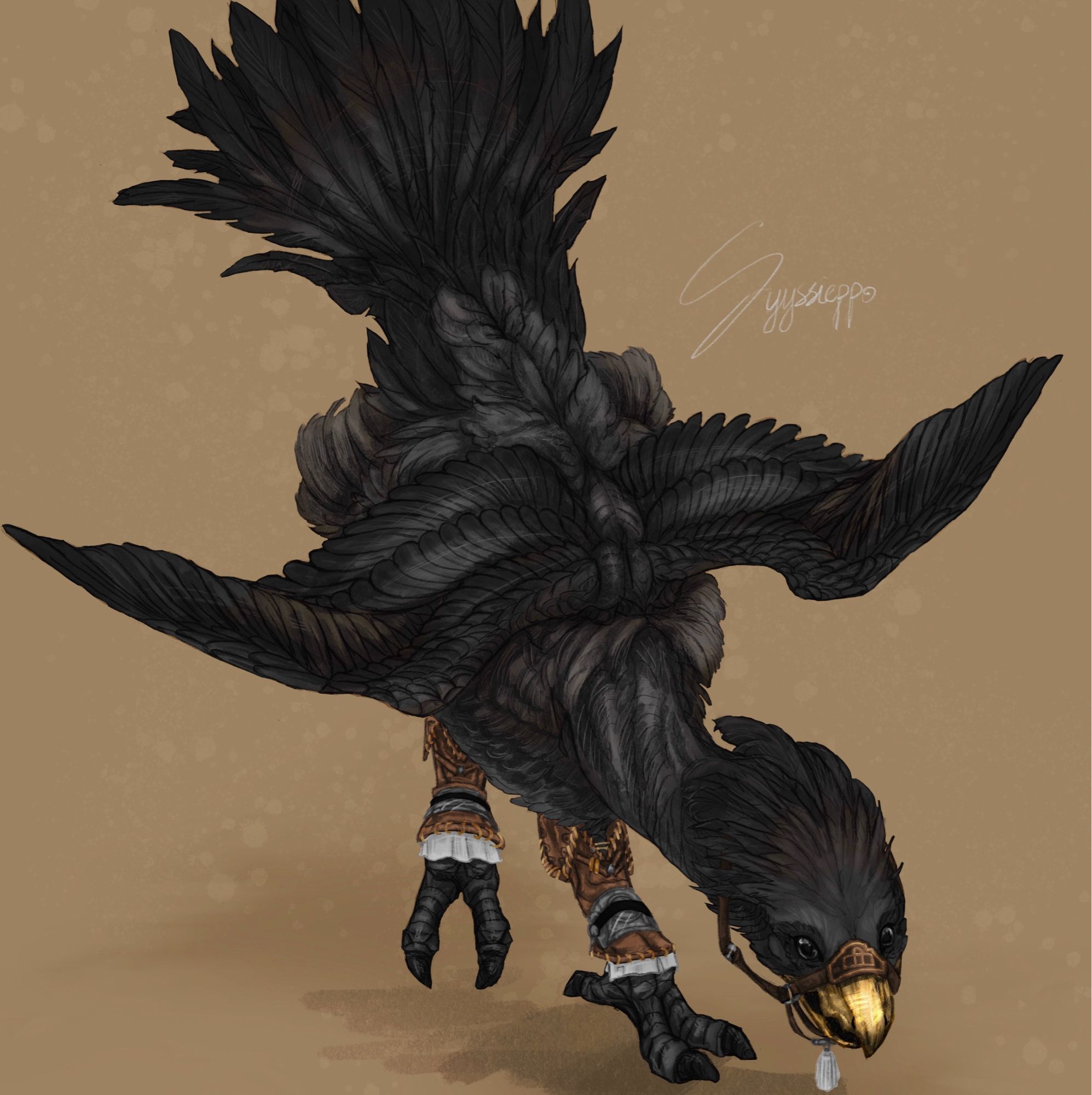 Black chocobo spreading its wings, bowing and showing its back. Very mindful, very demure.