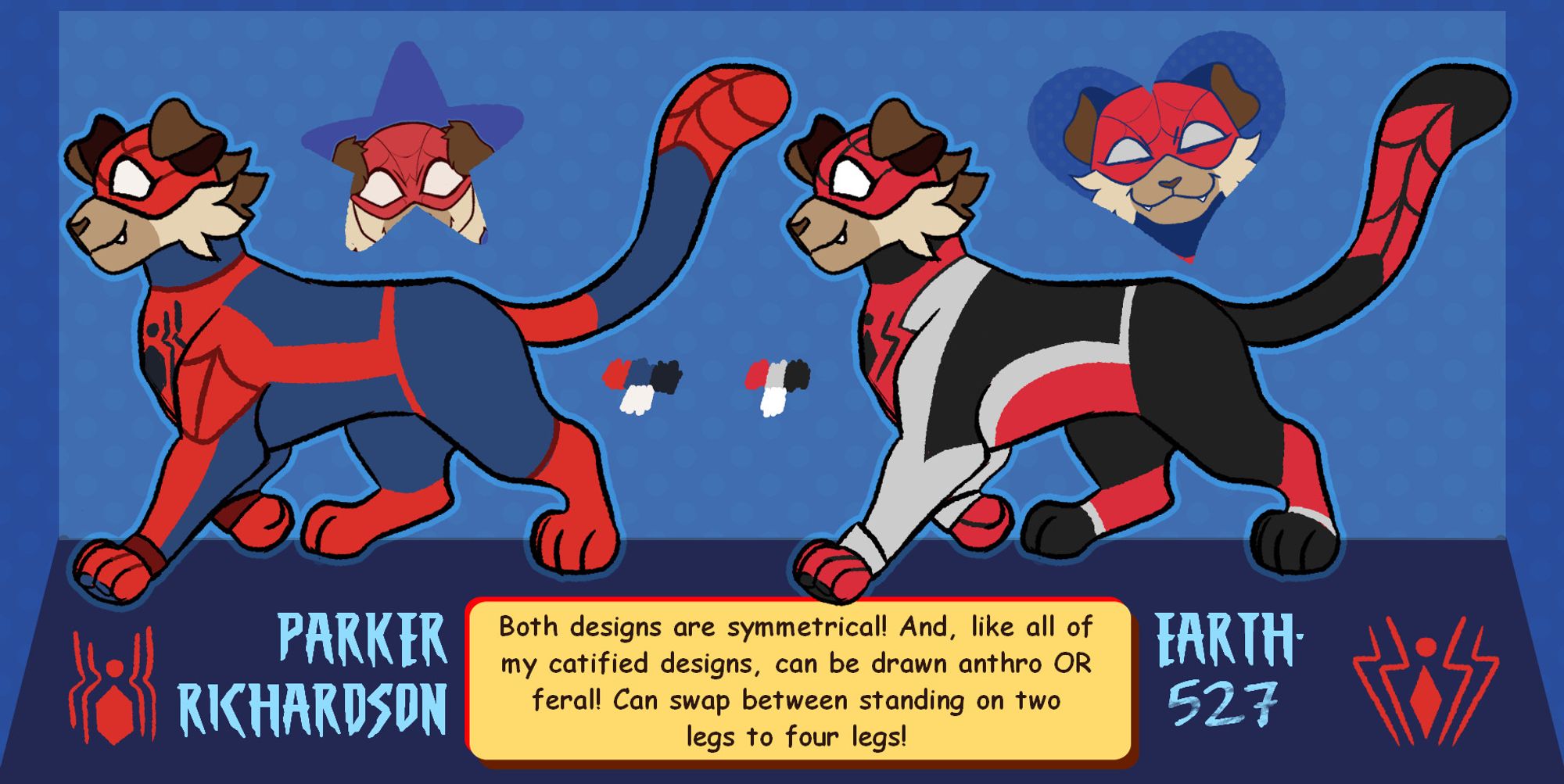 A digital reference for catified Peter Parker, otherwise named Parker Richardson for these purposes. It shows off two variations of his spider-suit on the cat, the first being a classic blue and red, the second being black, white, and red.