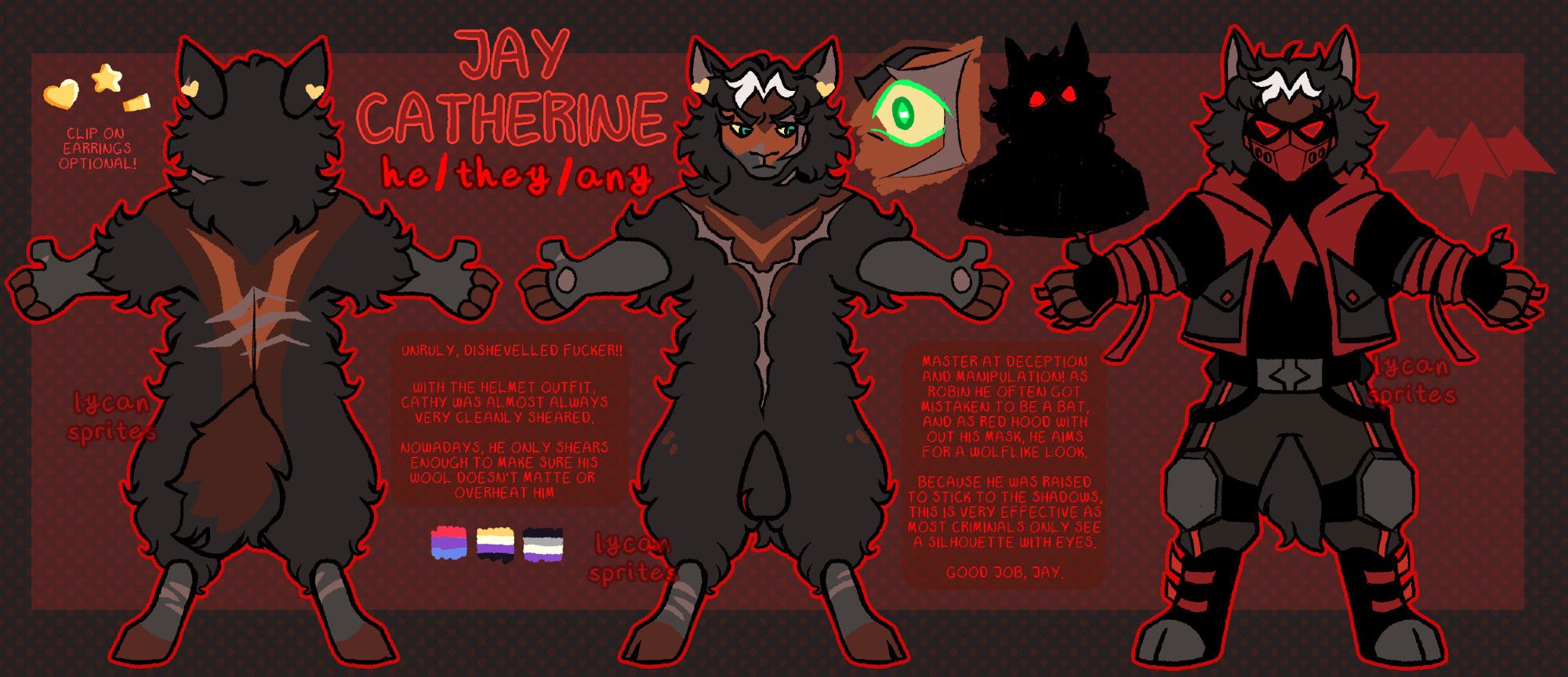 A digital reference of an anthro sheep styled to look like Jason Todd from DC Comics. The sheep has black wool that's rusted orange in a mask shape over his eyes, and in a bat-shaped symbol on his chest and back. Jay has a y-shaped autopsy scar across his front, as well as three diagonal claw marks through the bat symbol on his back.