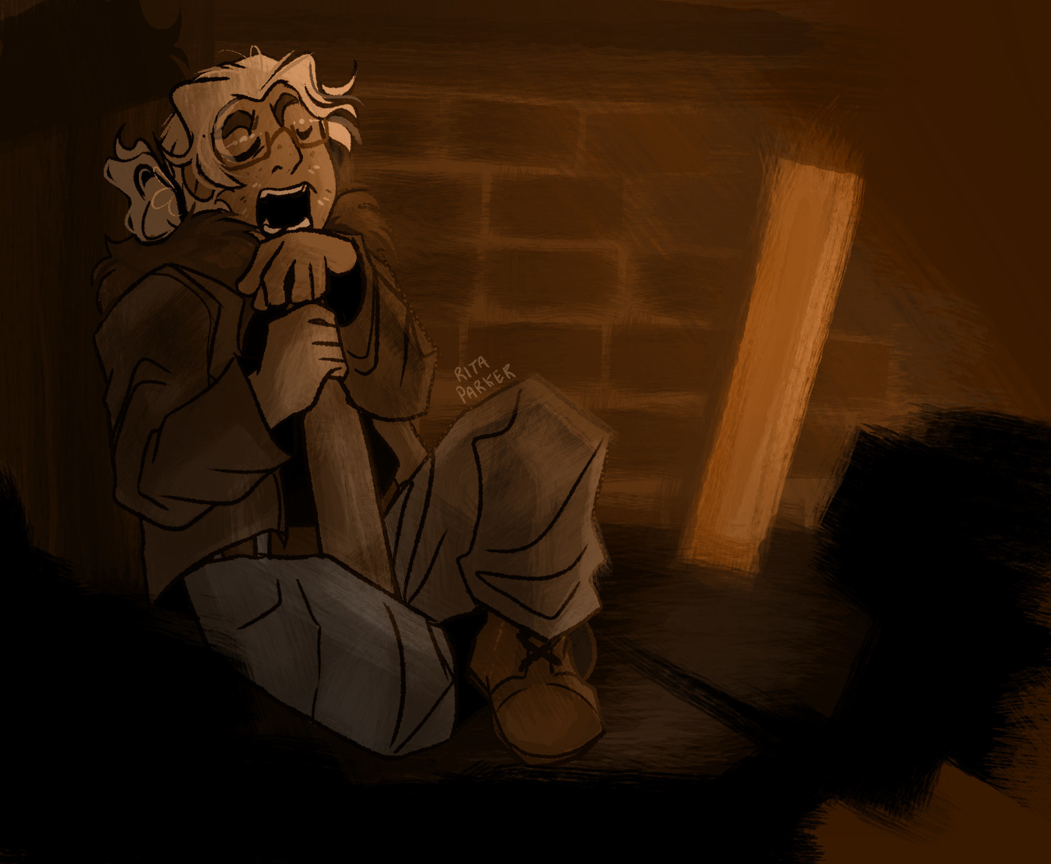 A digital drawing of a human character with blonde hair leaning into a corner, arms propped on a baseball bat while sitting on the floor, napping. The building around him vaguely drawn, but falling apart with age and disrepair.