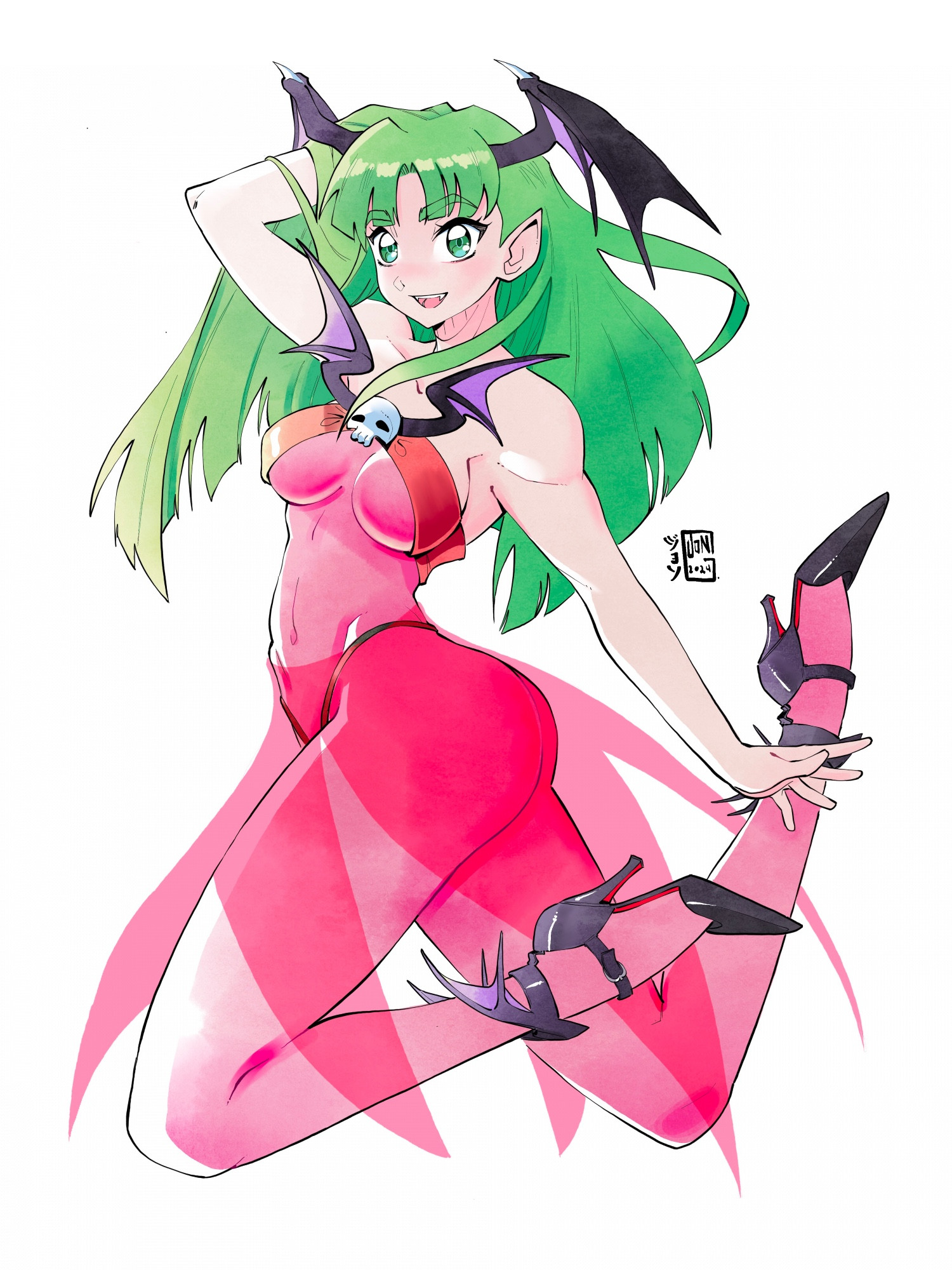 Morrigan from Darkstalkers in a revealing dress. 