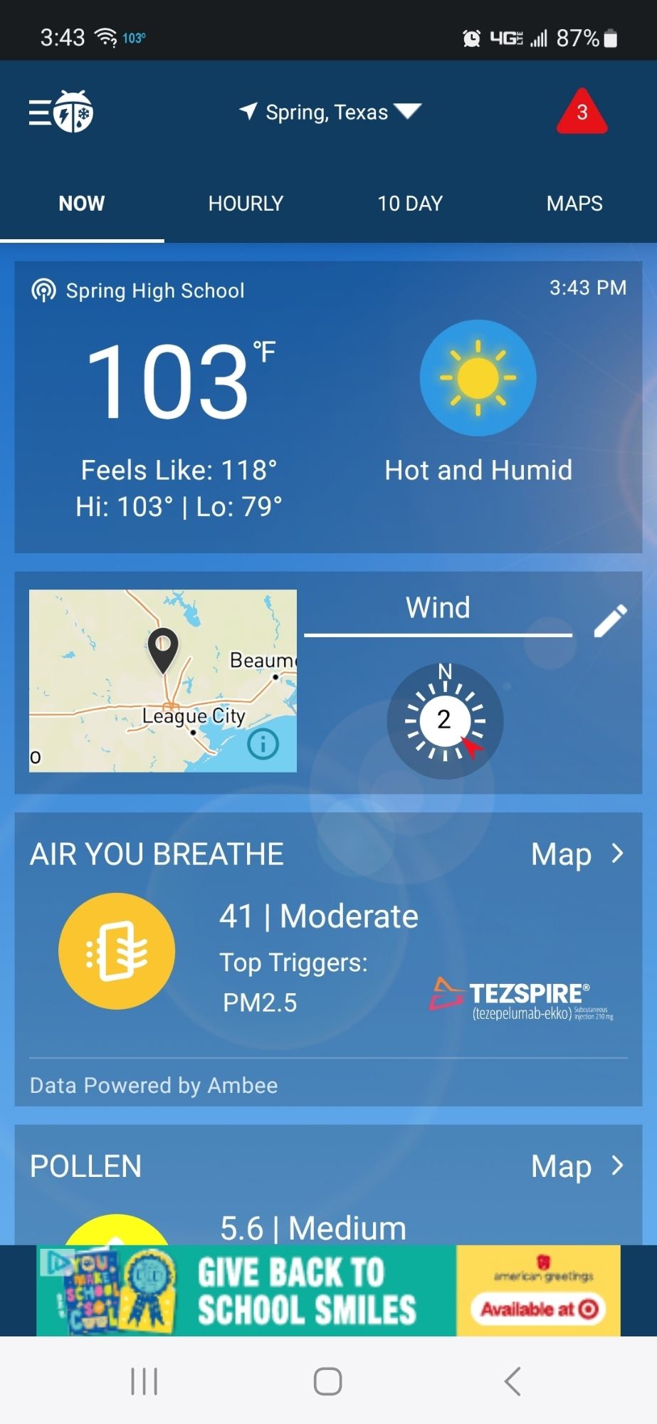 Screenshot of Weatherbug app showing 103 degF temperature and Feels Like of 118 degF.