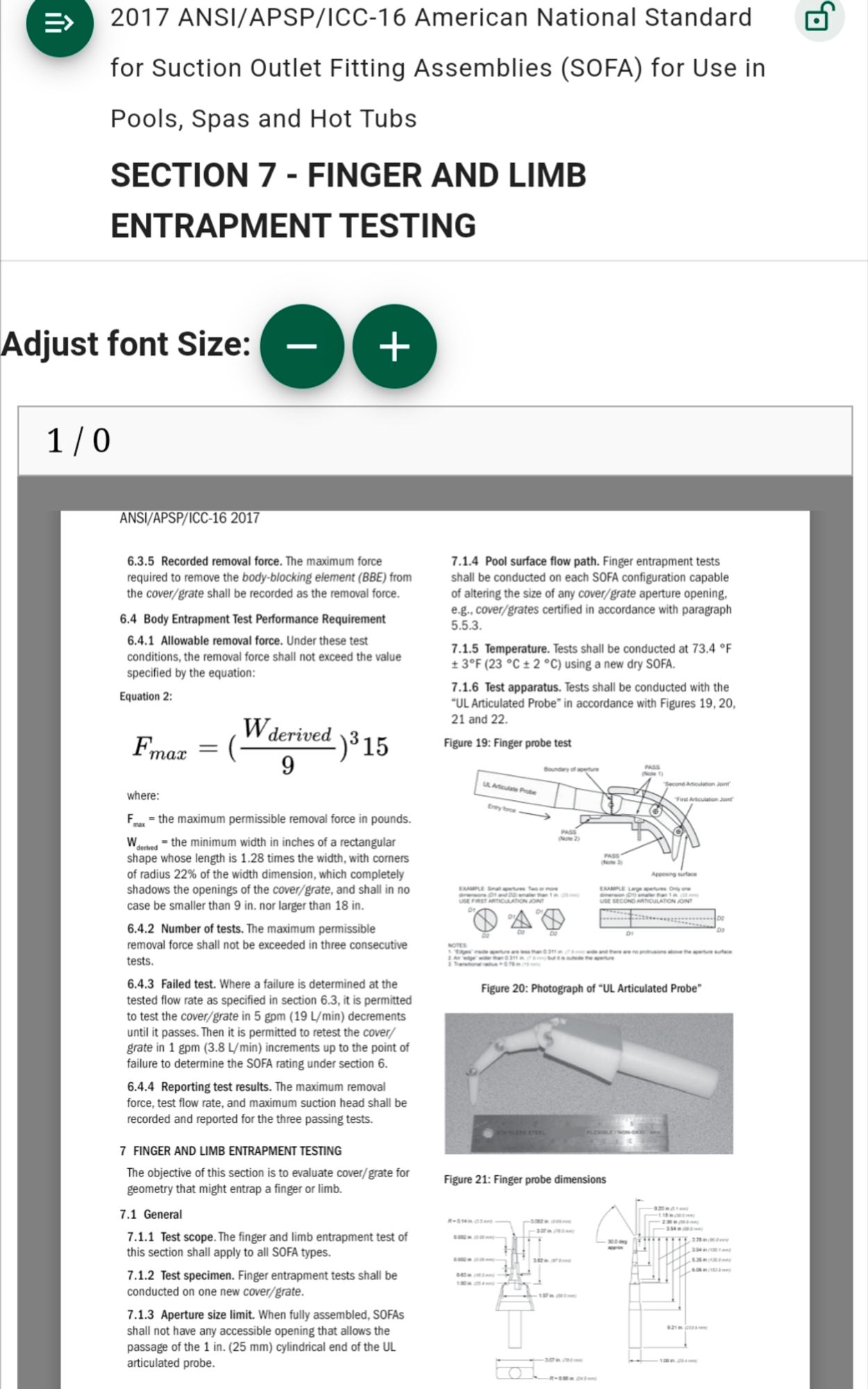 Excerpt from safety testing document showing detailed schematics and testing procedures for finger entrapment, including a mechanical finger that can be placed into an opening.