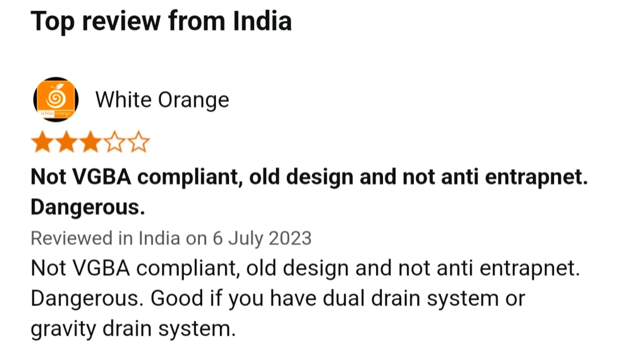 Review of the same product, marketed as "BlueWave Circular ABS Swimming Pool Round Drain for Concrete Pool" on Amazon India.
Review date 2023-07-06

Not VGBA compliant, old design and not anti entrapnet. Dangerous. Good if you have dual drain system or gravity drain system.