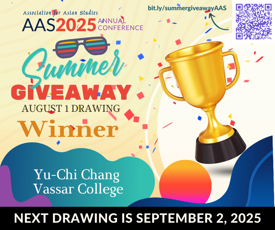 Colorful announcement for AAS 2025 Summer Giveaway winner Yu-Chi Chang from Vassar College with a gold trophy and confetti.